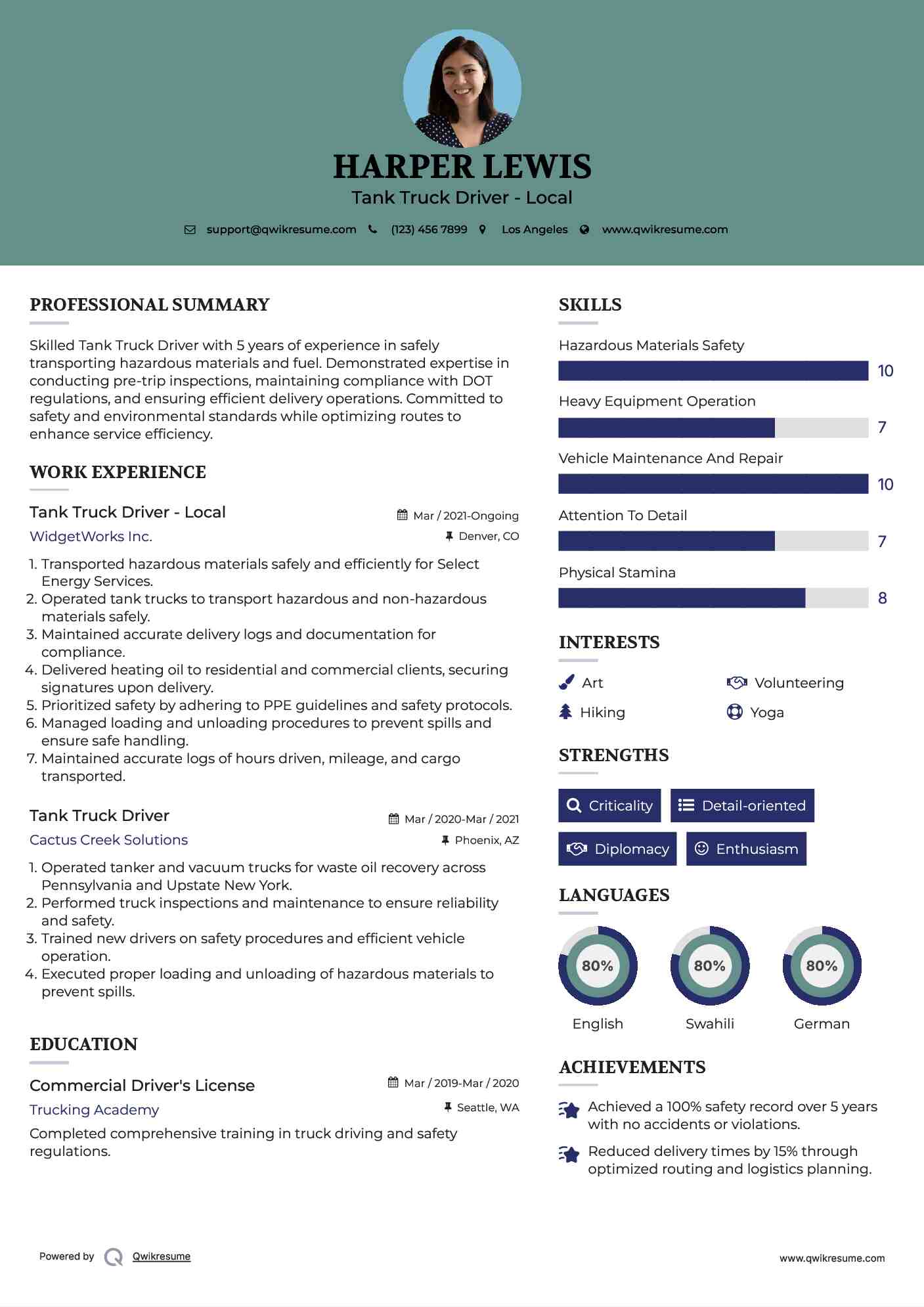 Tank Truck Driver - Local Resume Model