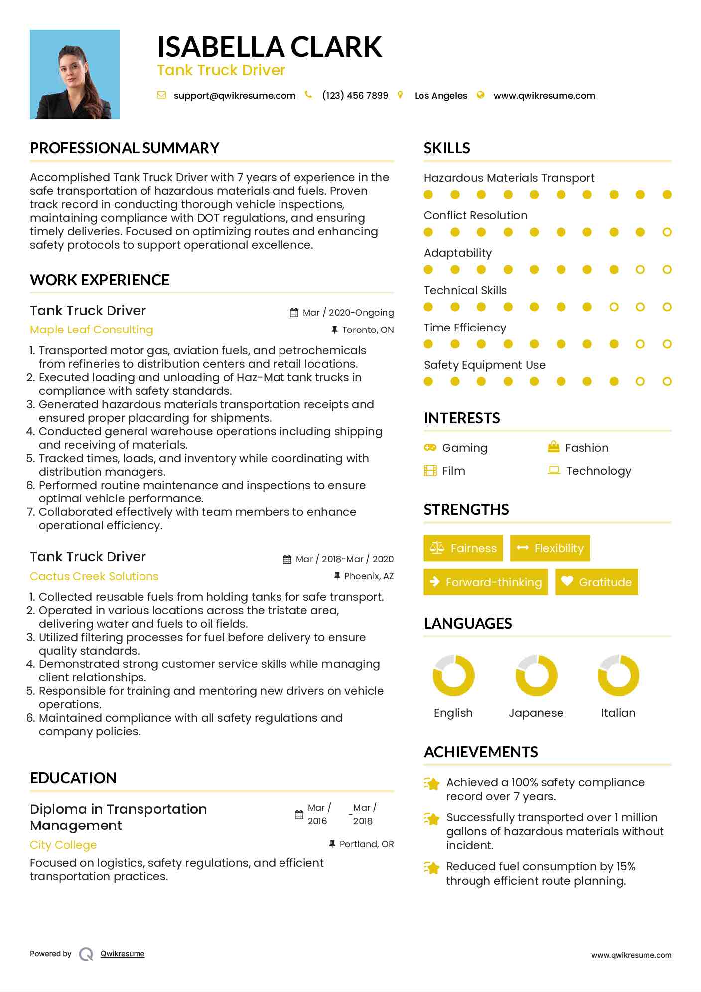 Tank Truck Driver Resume Example