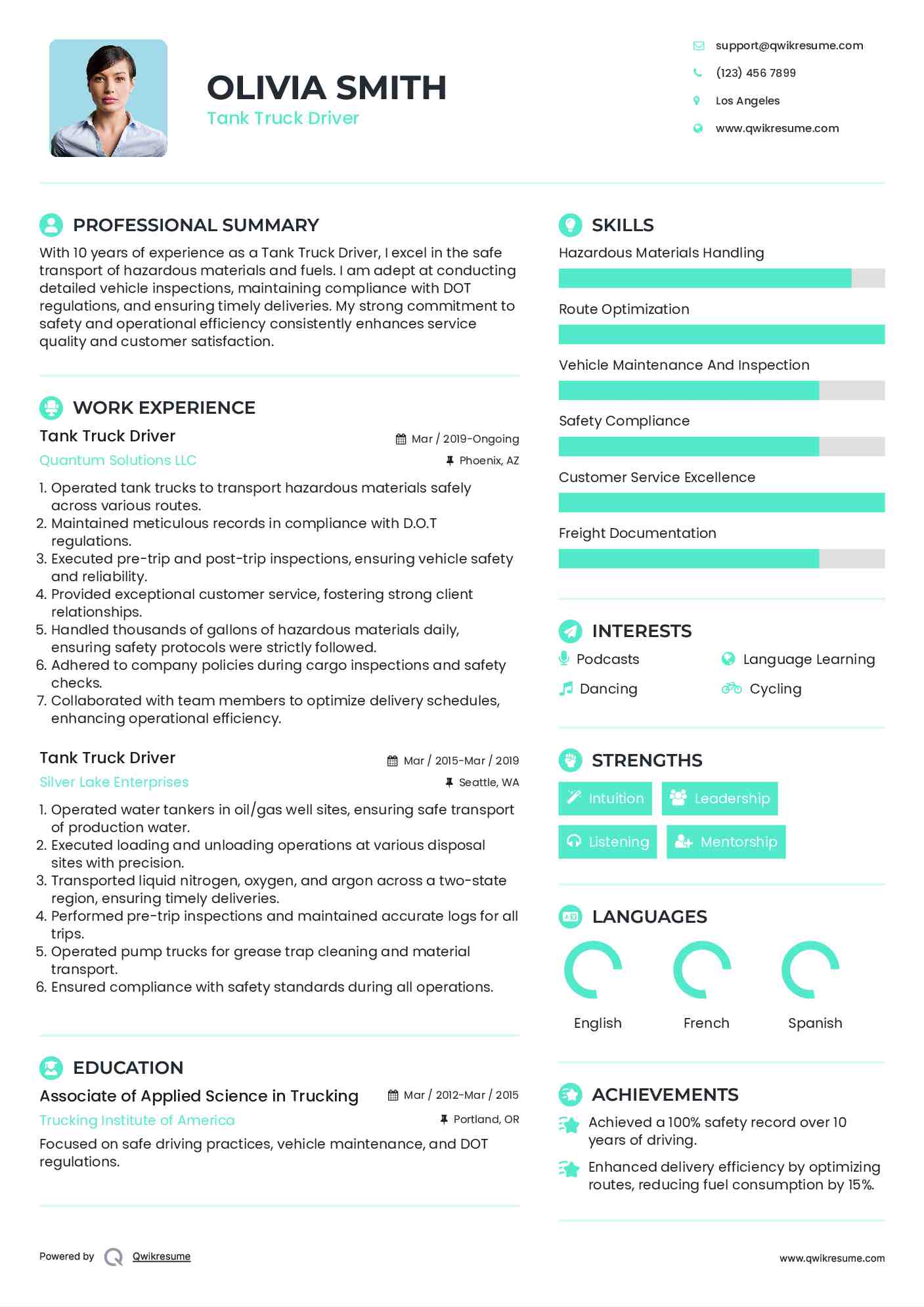 Tank Truck Driver Resume Format