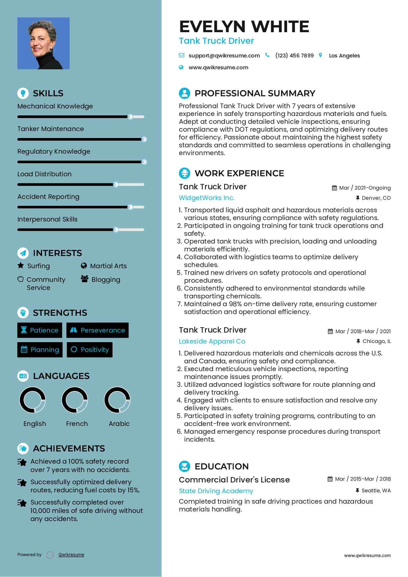 Tank Truck Driver Resume Sample