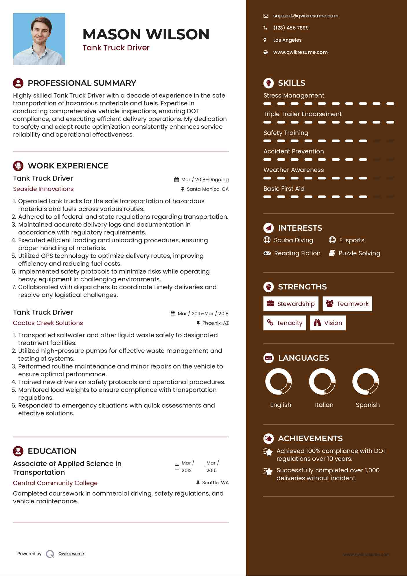 Tank Truck Driver Resume Sample