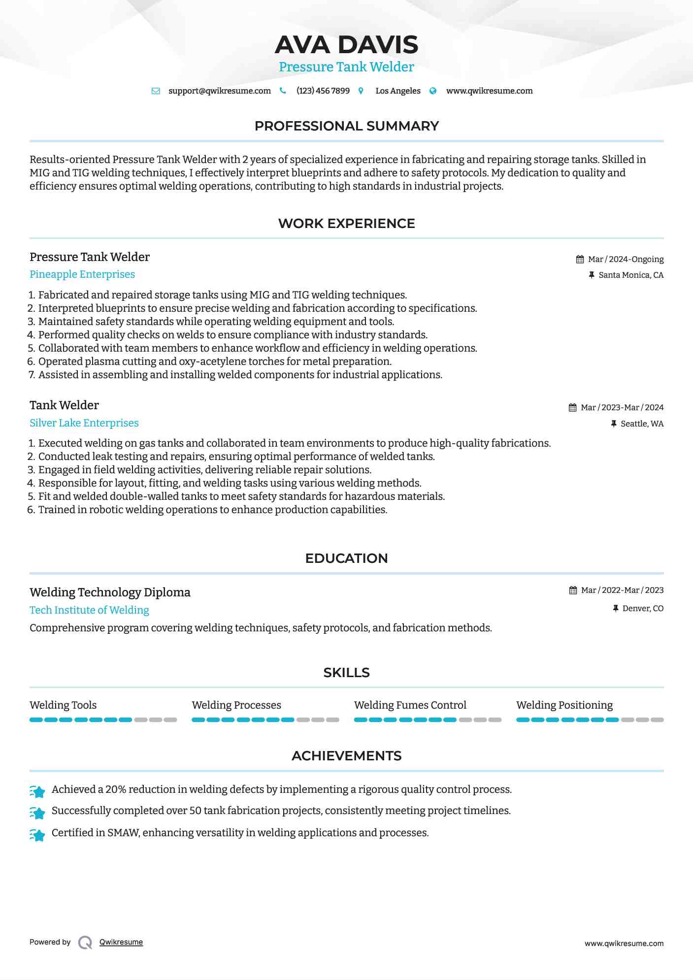 Pressure Tank Welder Resume Format