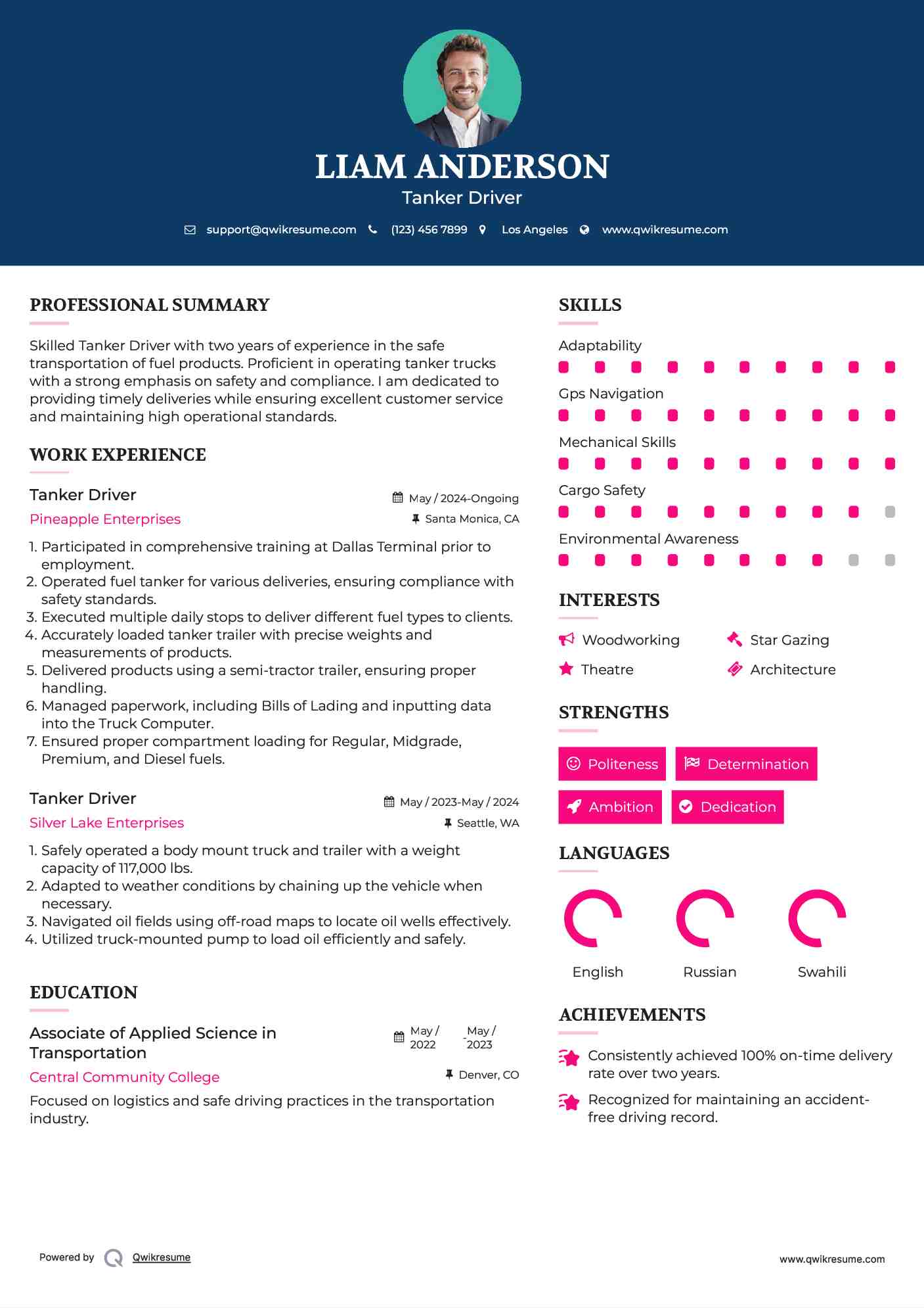 Tanker Driver Resume Template