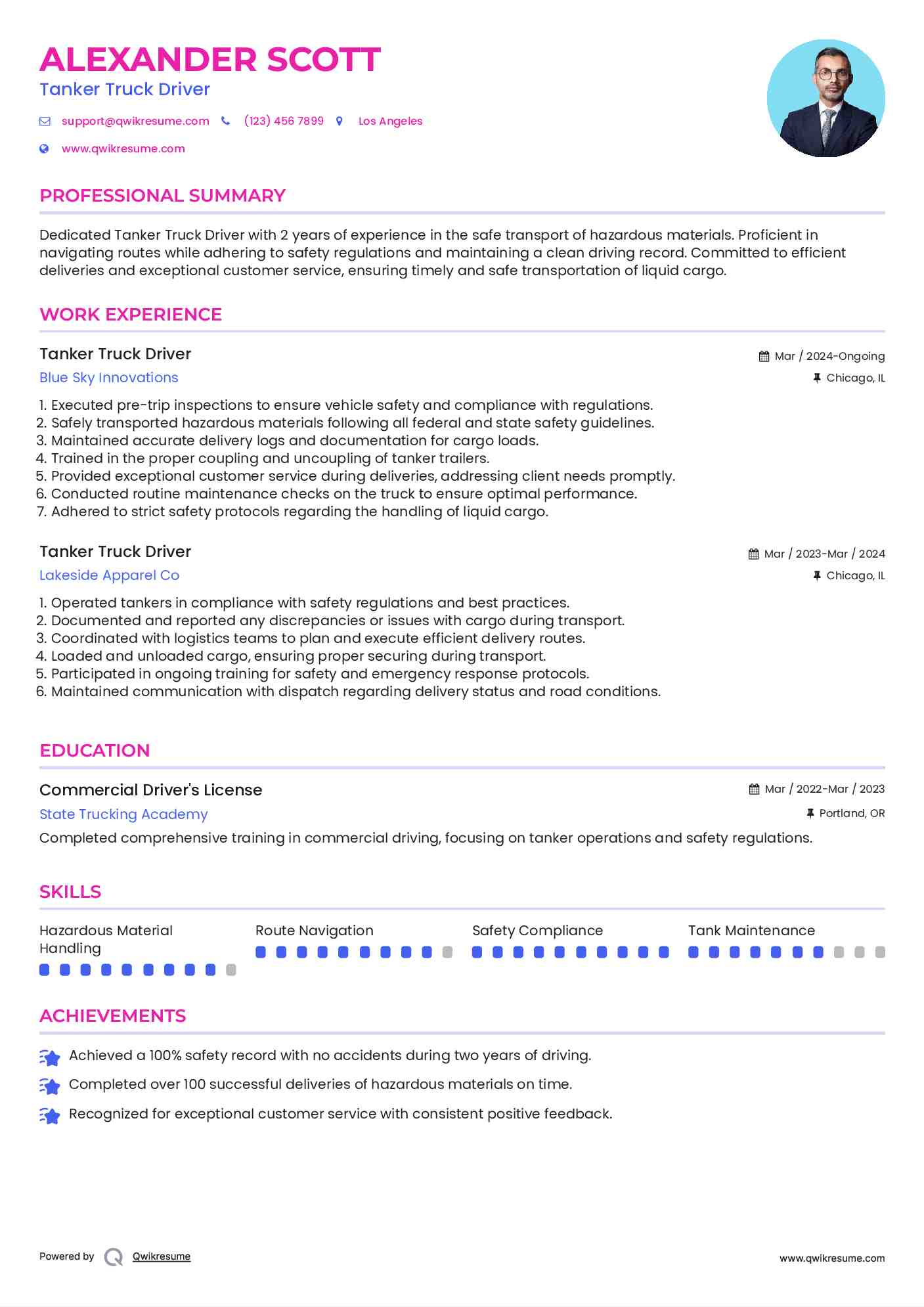 Tanker Truck Driver Resume Sample