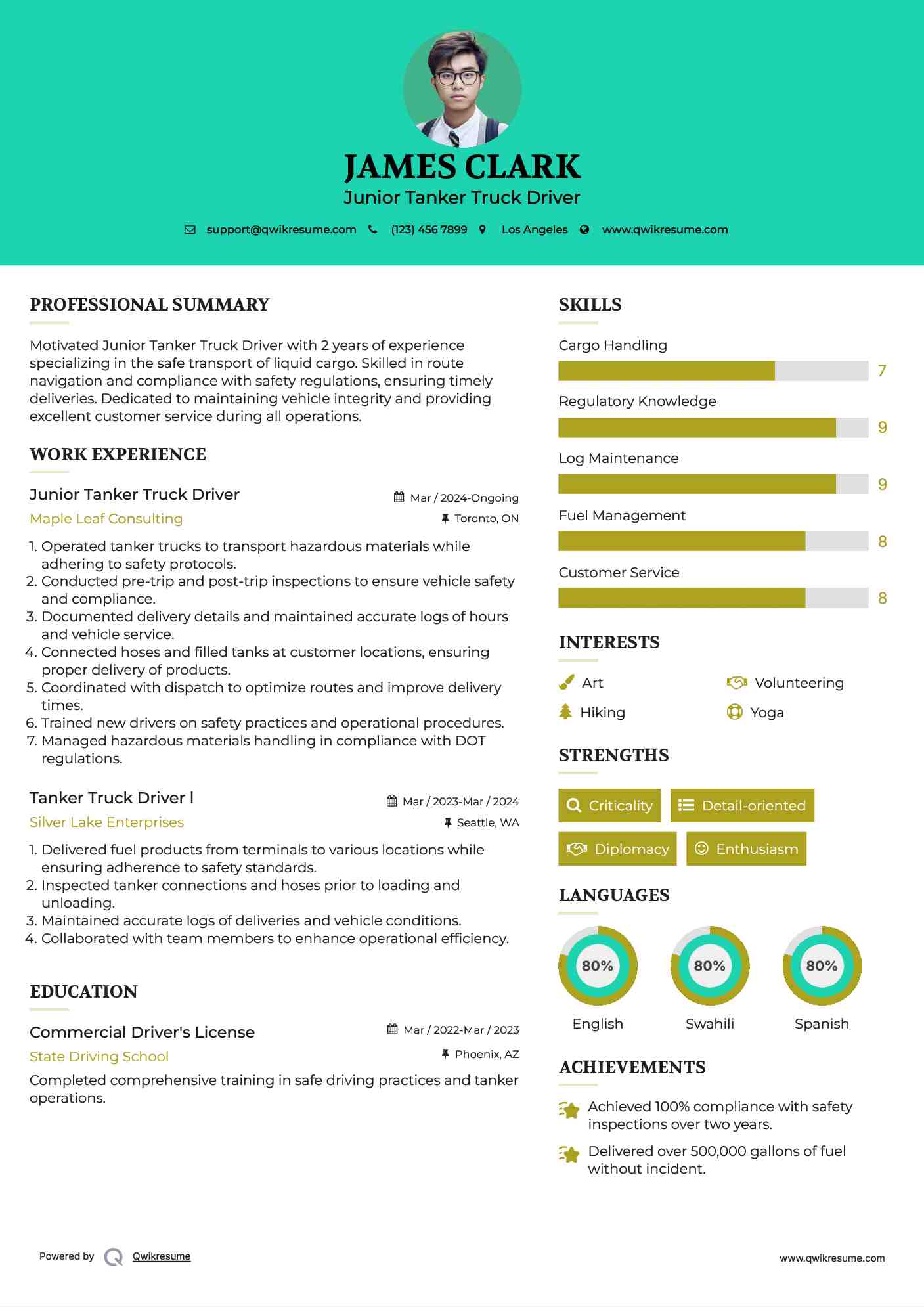 Junior Tanker Truck Driver Resume Format