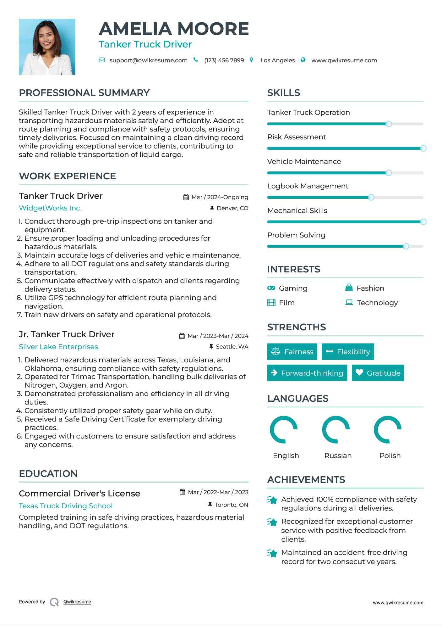 Tanker Truck Driver Resume Model