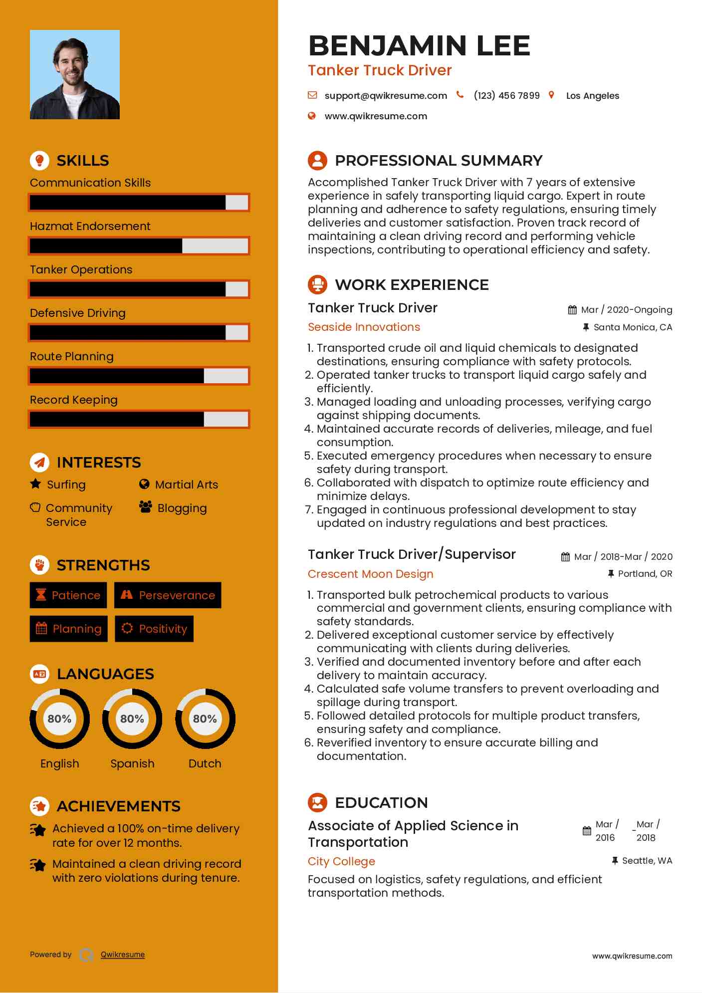 Tanker Truck Driver Resume Sample
