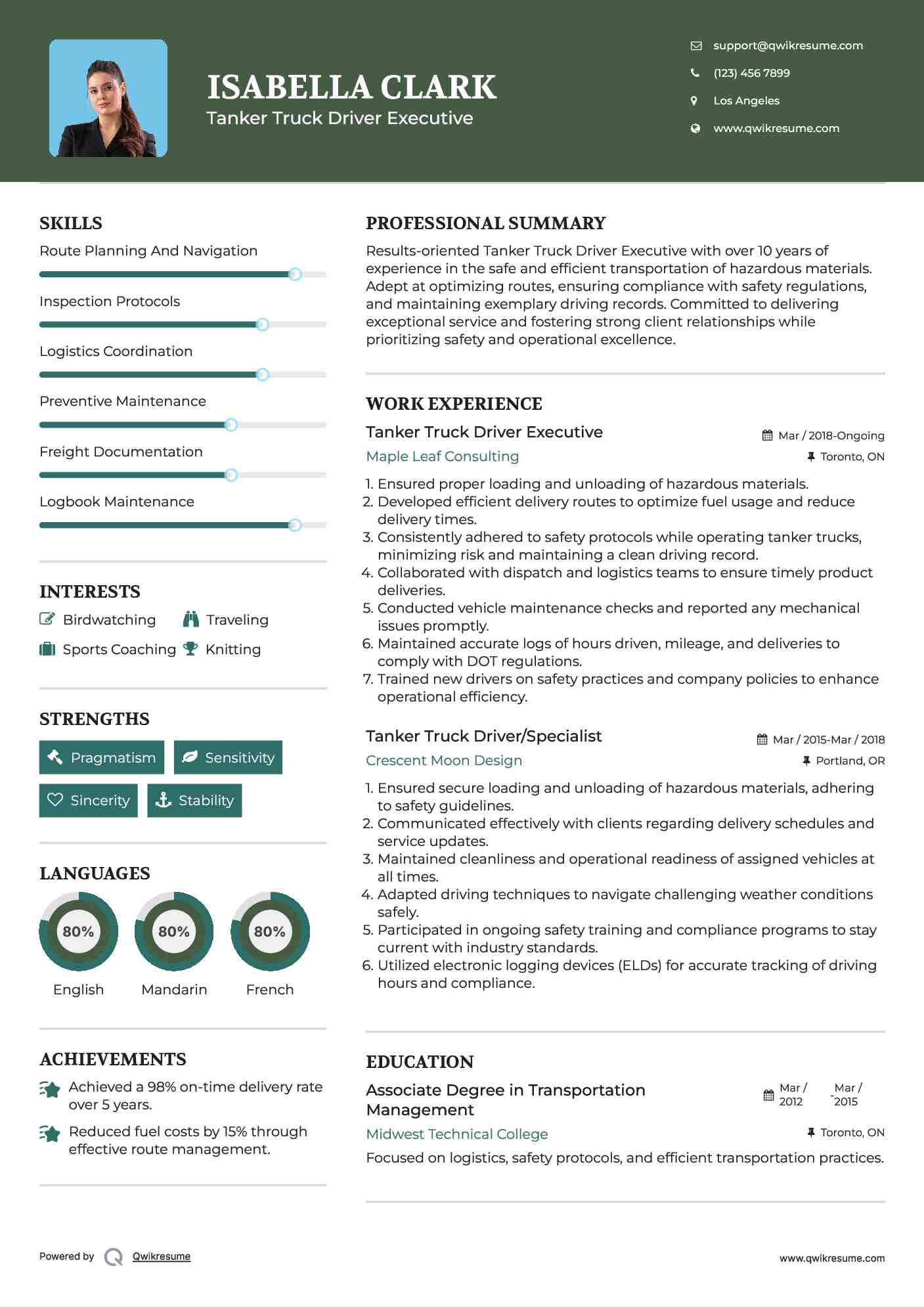 Tanker Truck Driver Executive Resume Model
