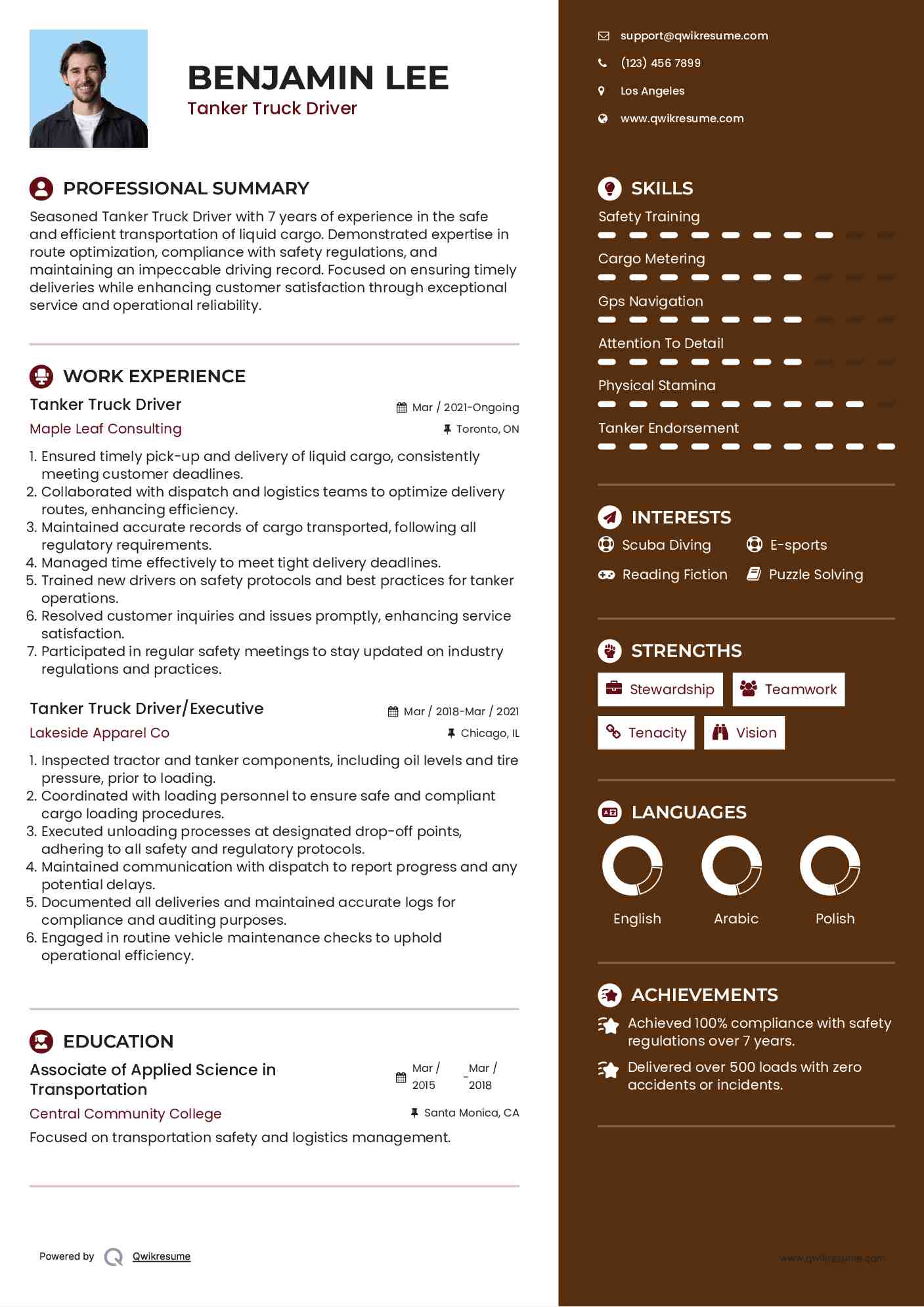 Tanker Truck Driver Resume Sample