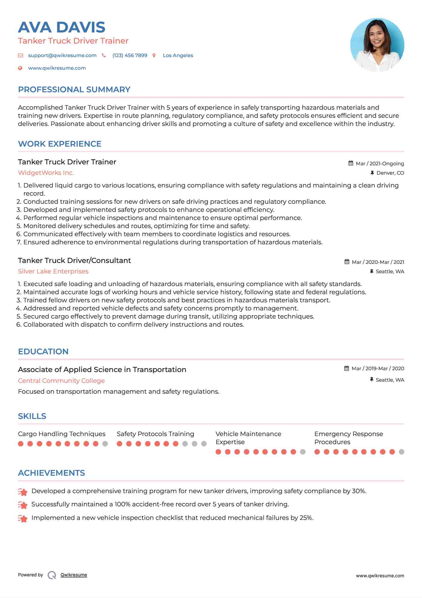 Tanker Truck Driver Trainer Resume Format