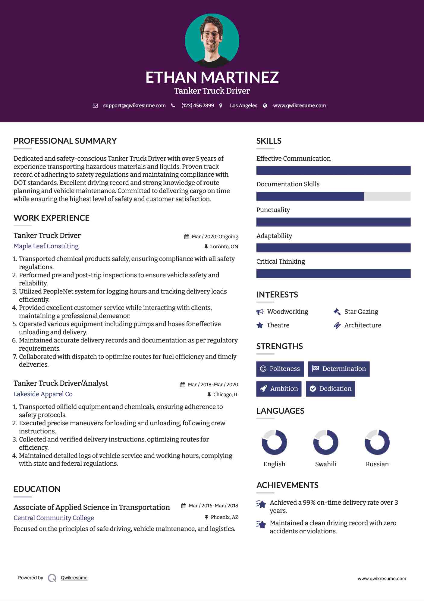 Tanker Truck Driver Resume Model