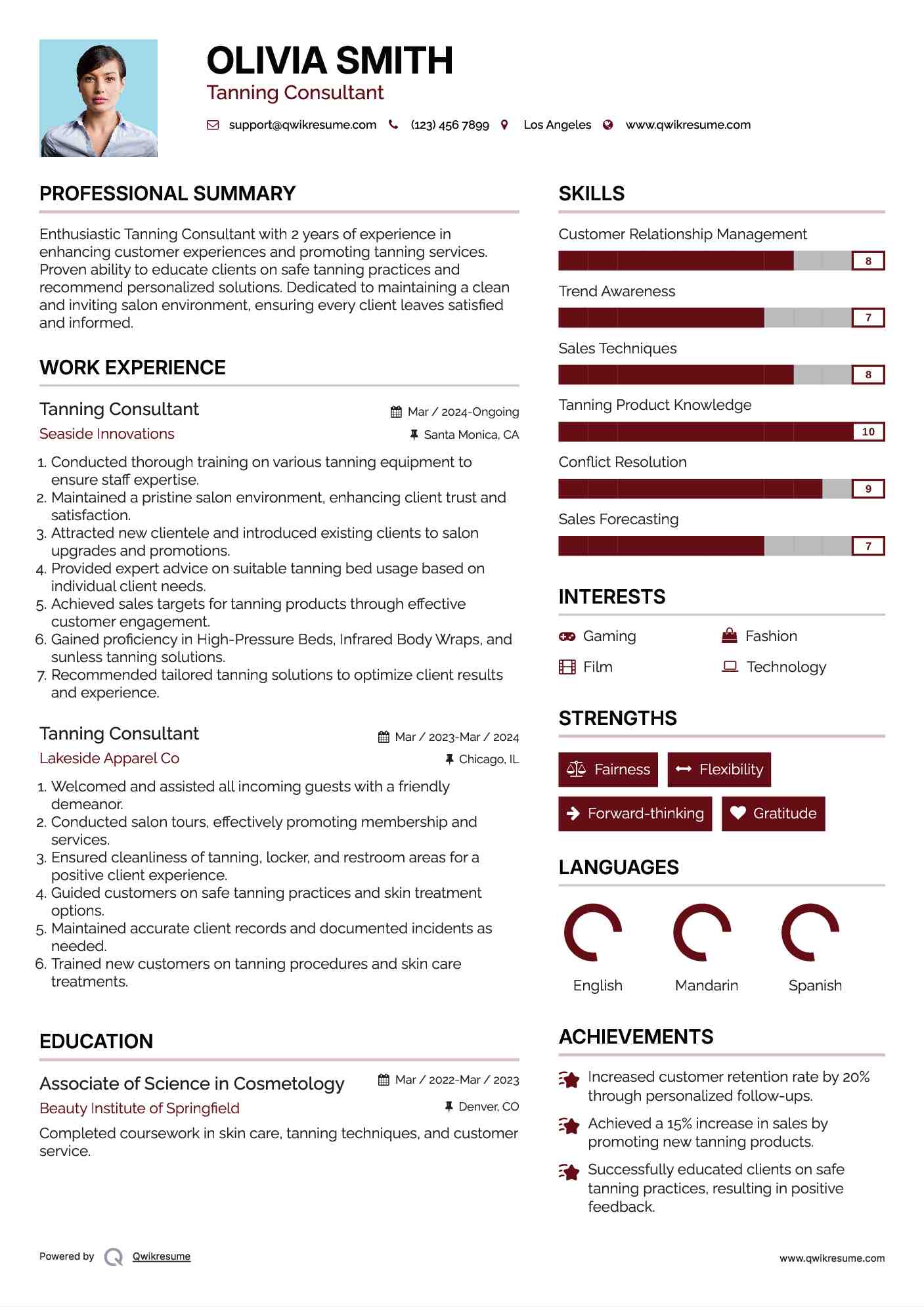 Tanning Consultant Resume Samples QwikResume