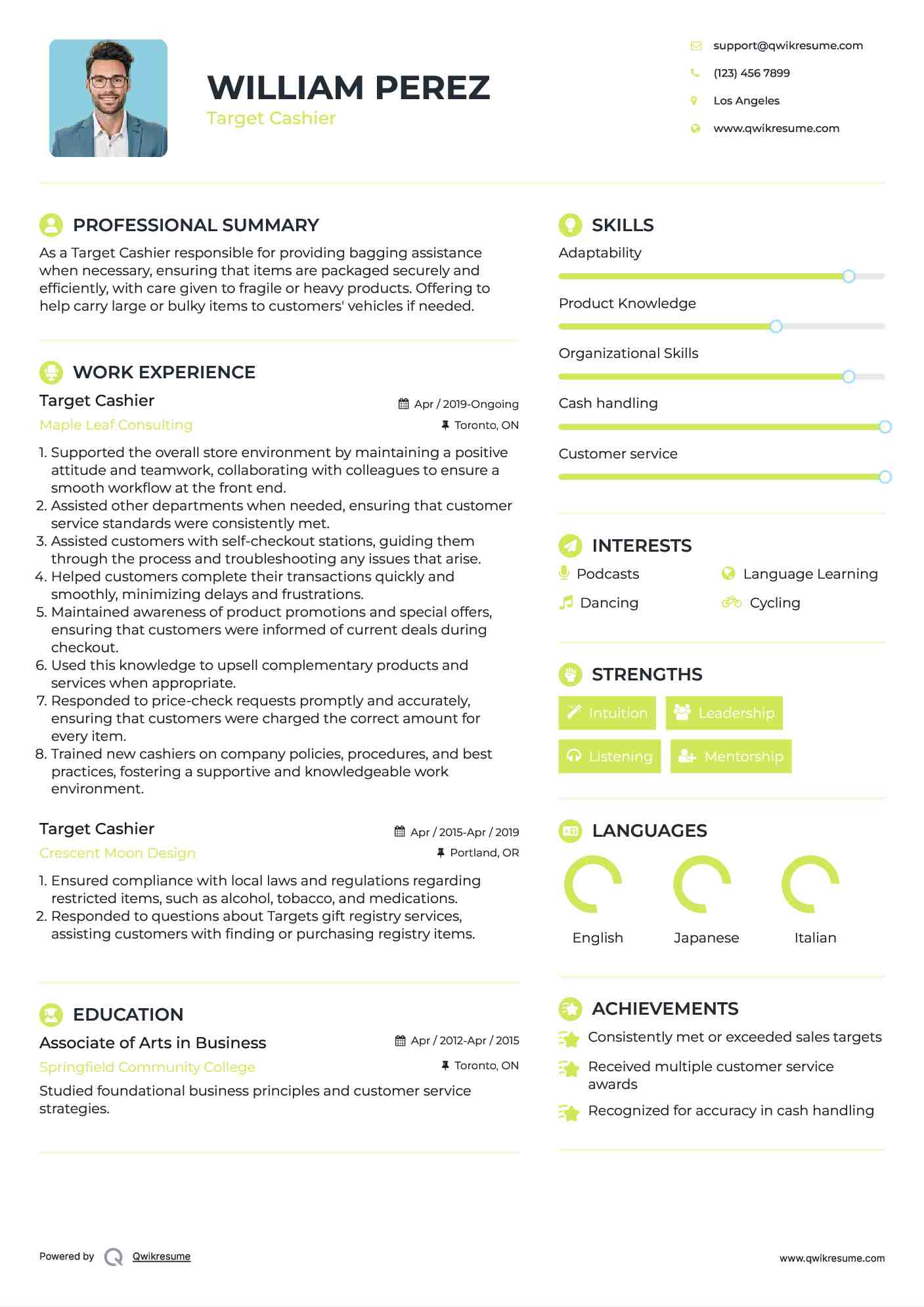Target Cashier Resume Model
