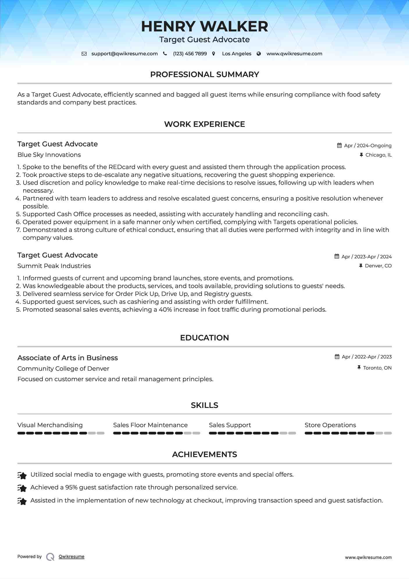 Target Guest Advocate Resume Model
