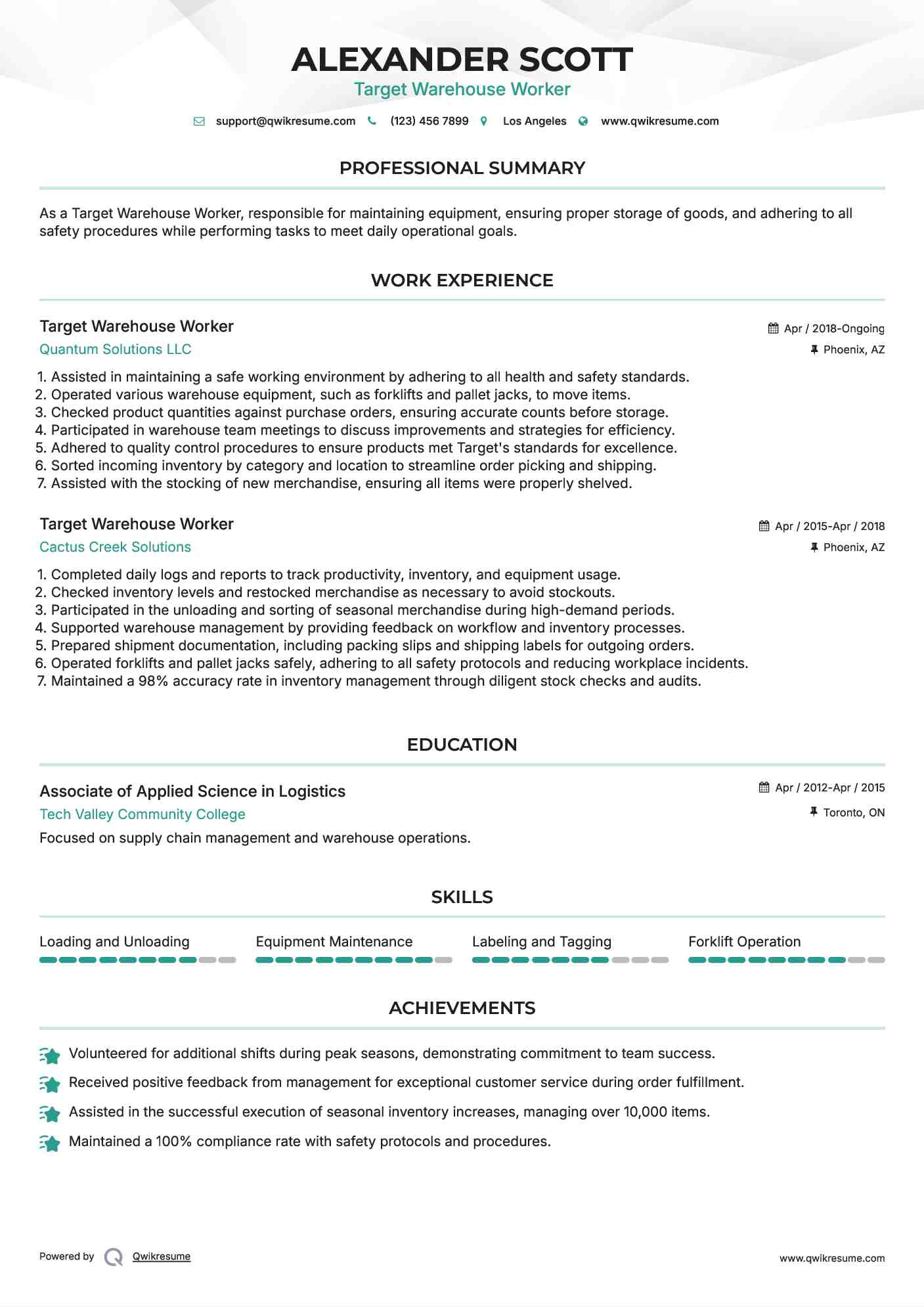 Target Warehouse Worker Resume Example