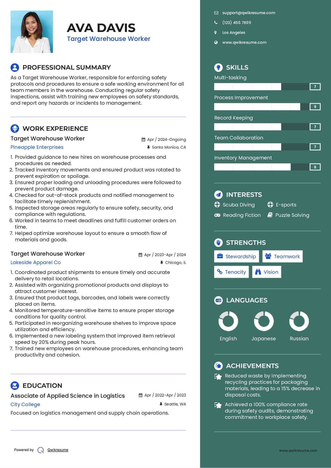 Target Warehouse Worker Resume Model