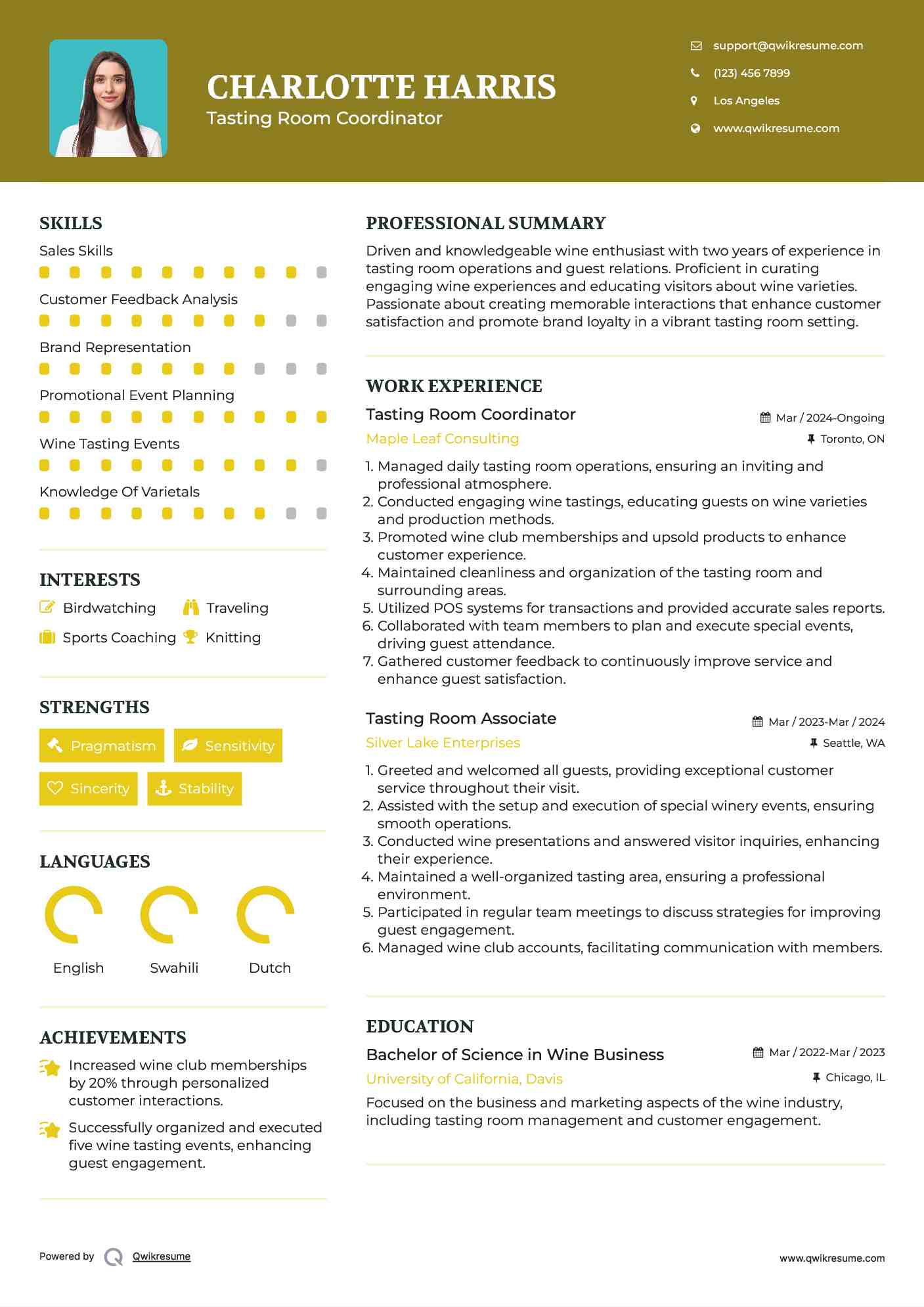 Tasting Room Coordinator Resume Example
