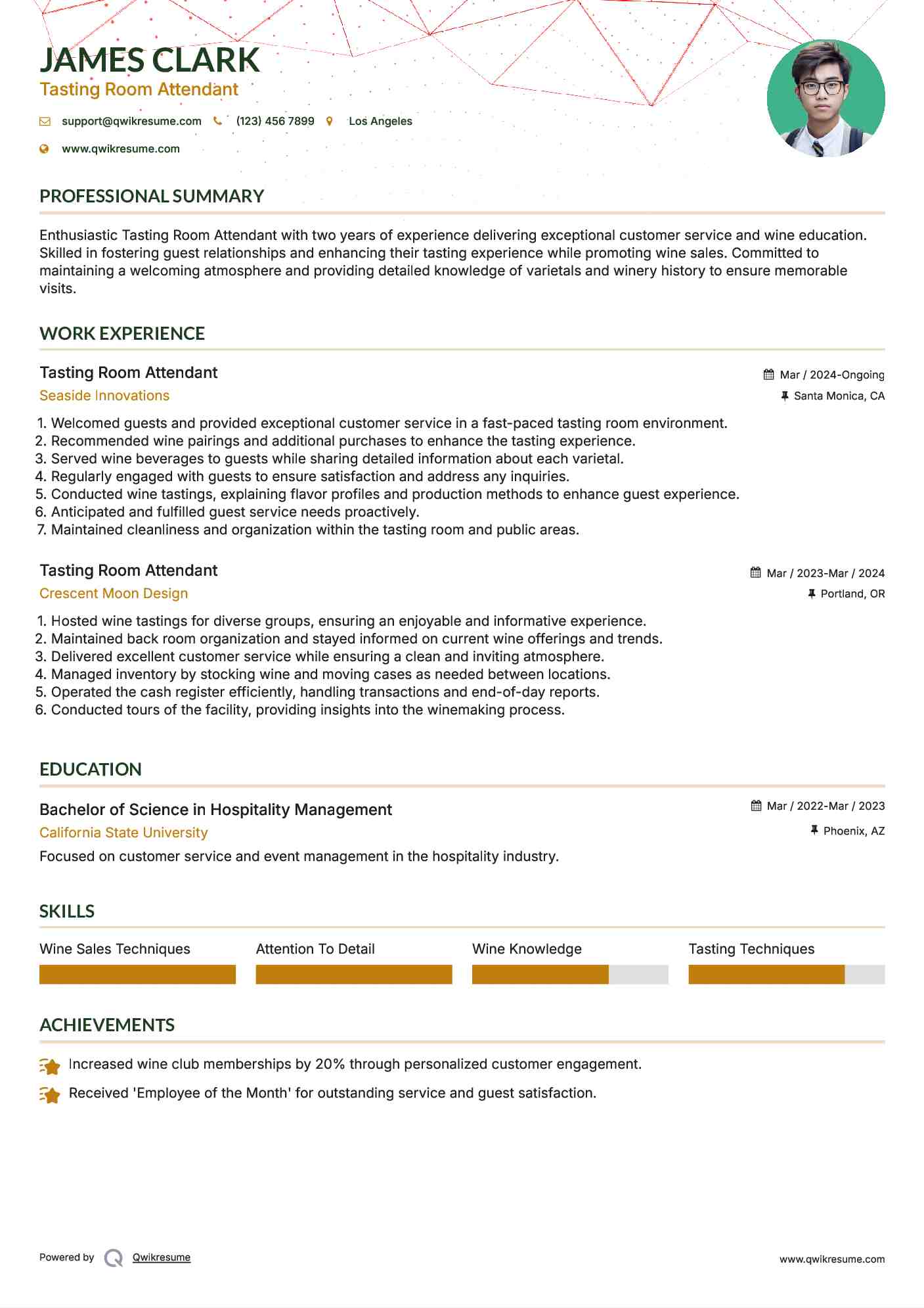 Tasting Room Attendant Resume Example