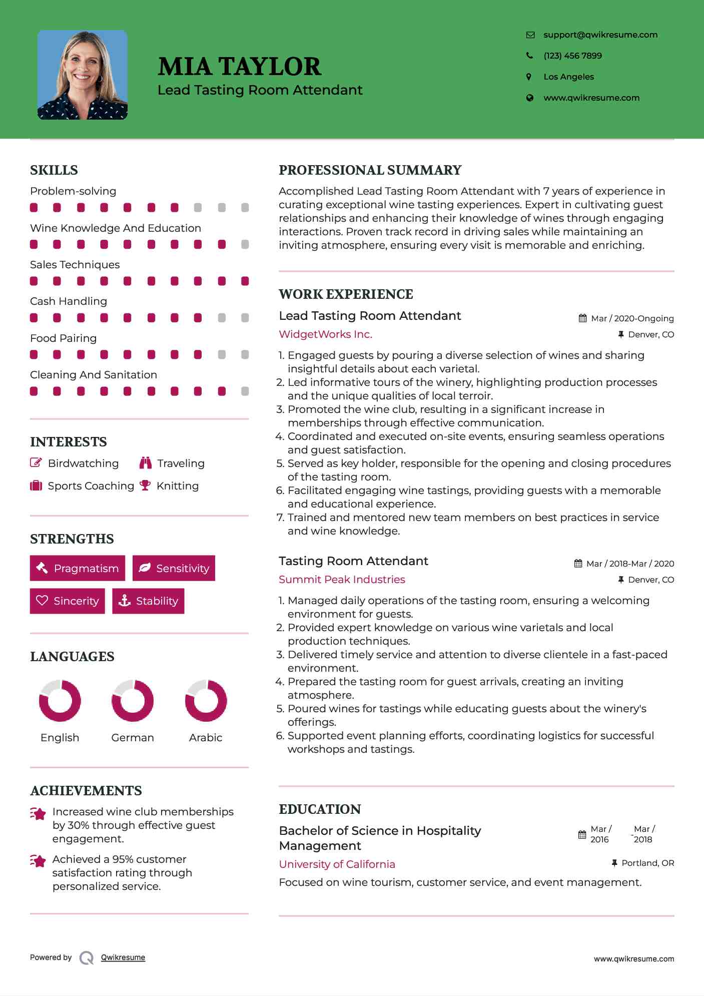 Lead Tasting Room Attendant Resume Sample