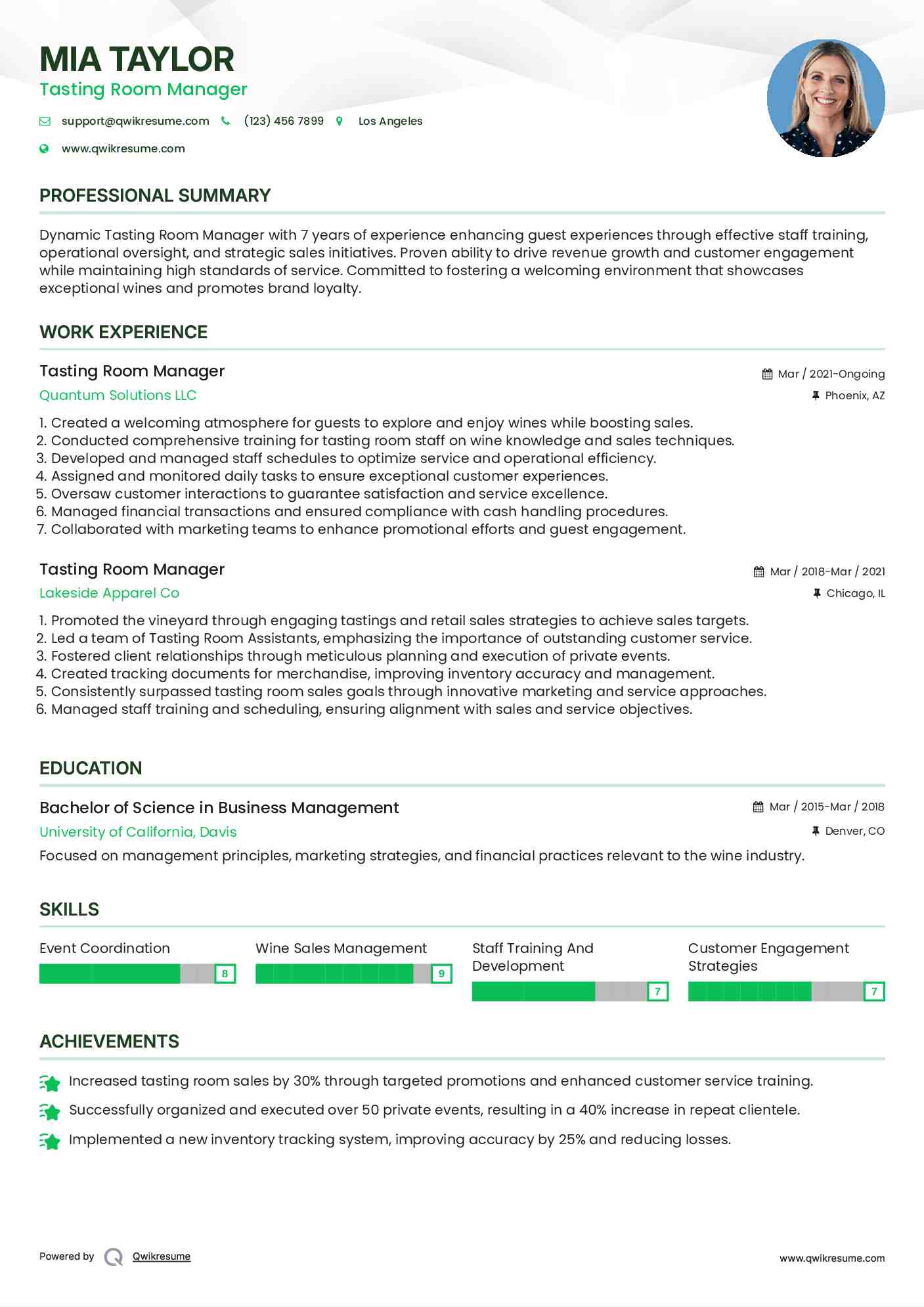Tasting Room Manager Resume Template