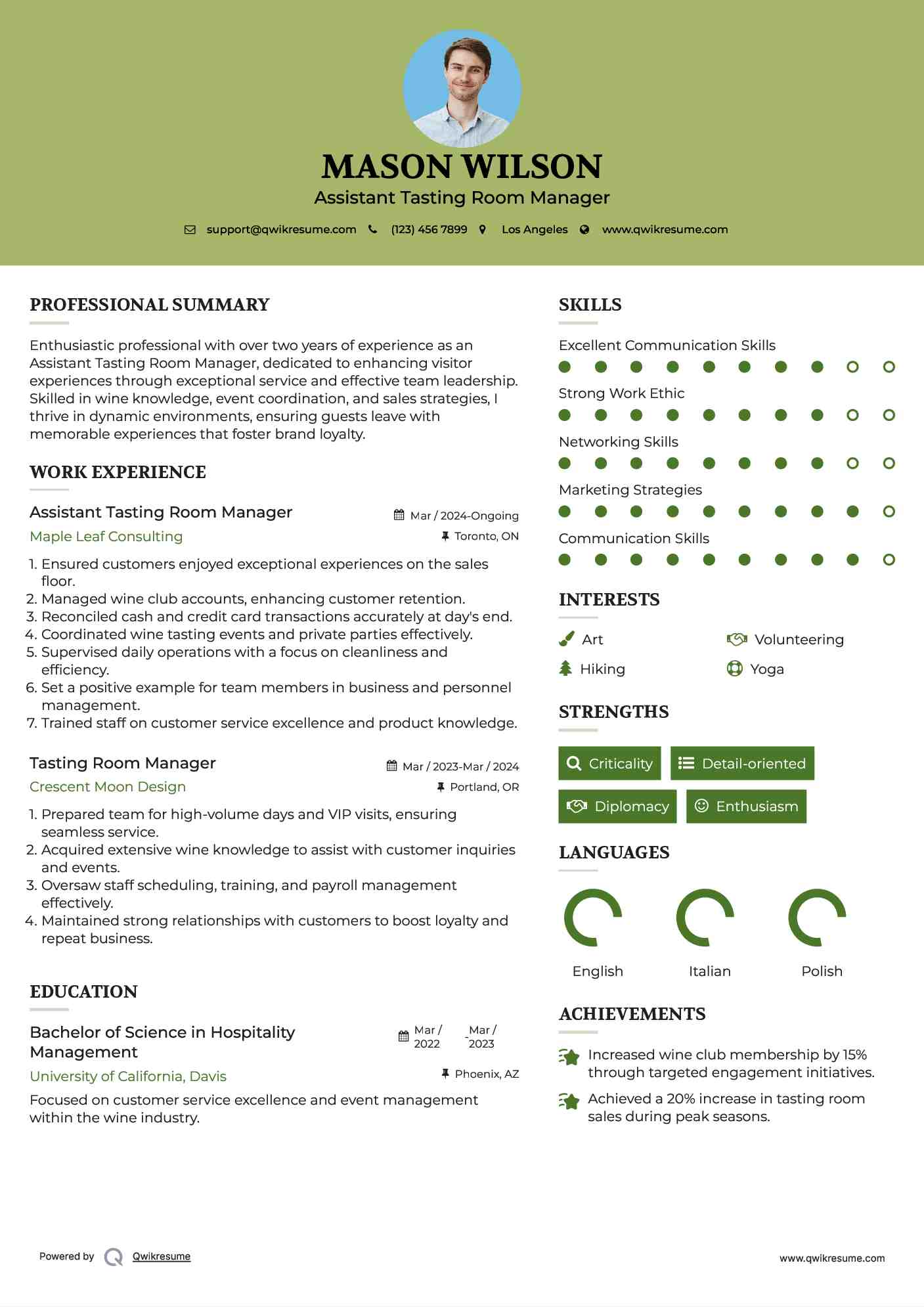 Assistant Tasting Room Manager Resume Model