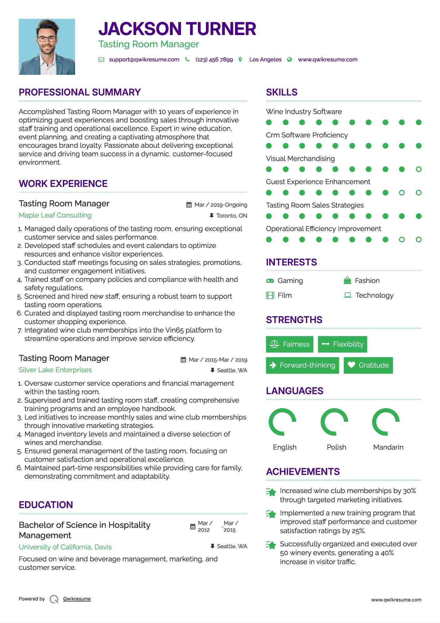 Tasting Room Manager Resume Example