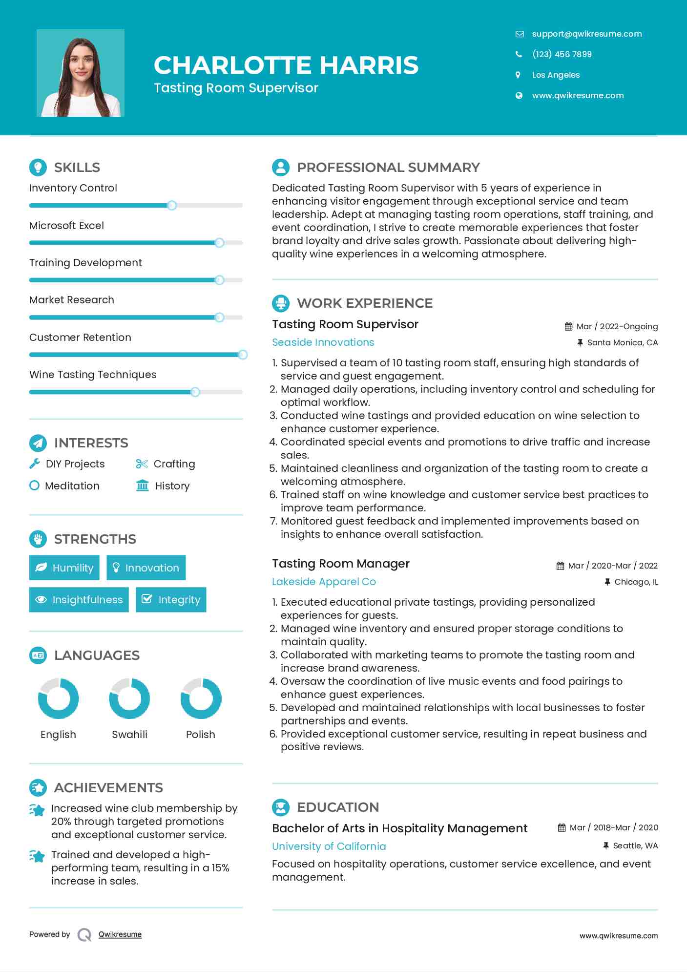 Tasting Room Supervisor Resume Template