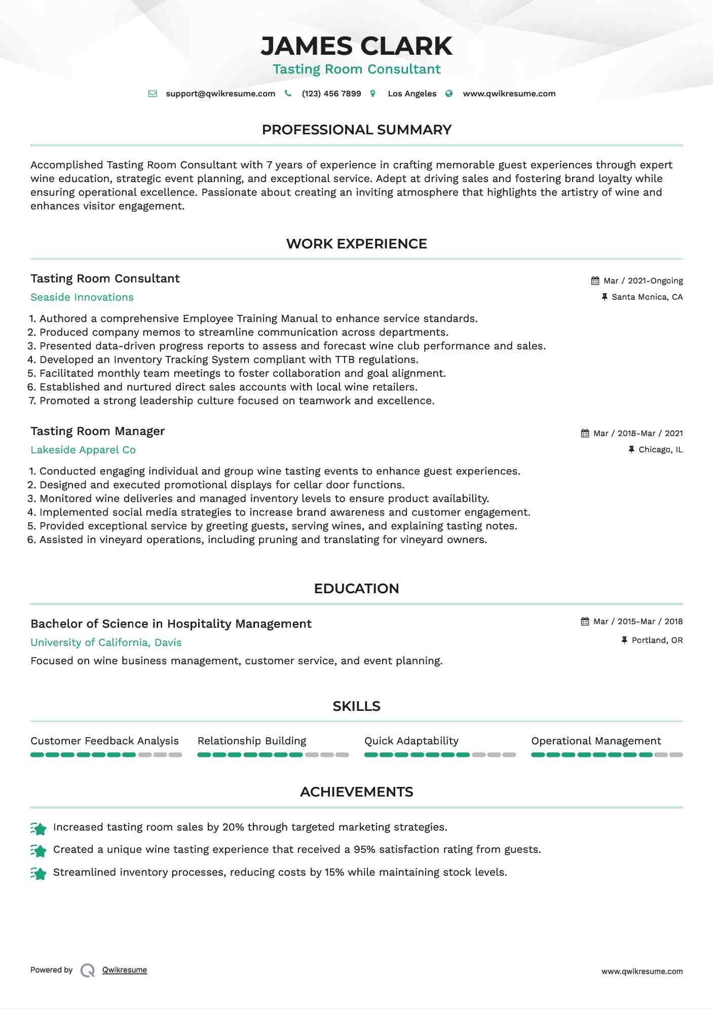 Tasting Room Consultant Resume Format