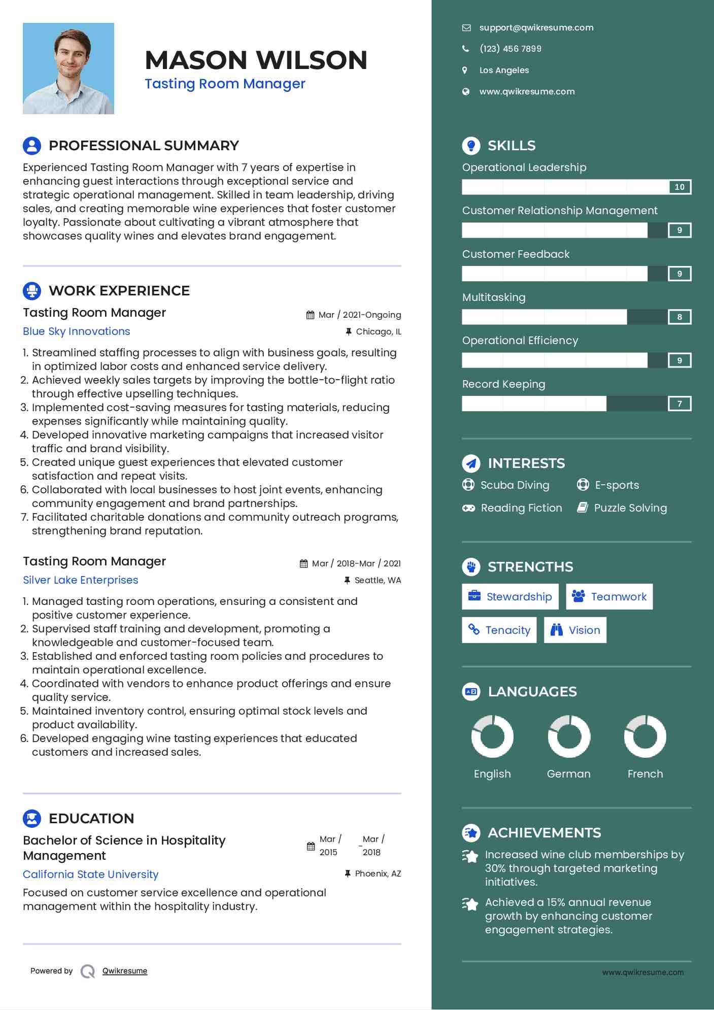 Tasting Room Manager Resume Example