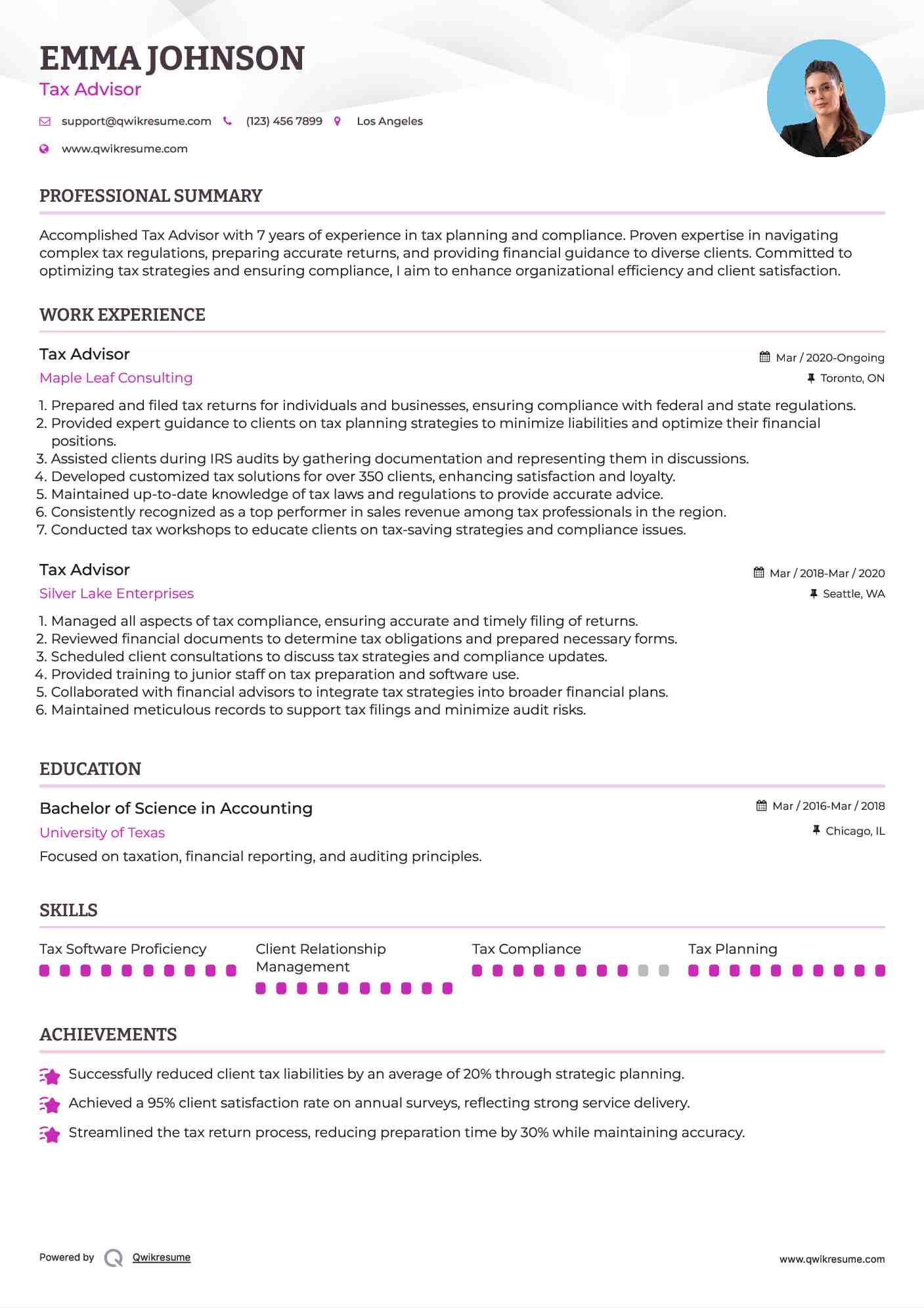 Tax Advisor Resume Model