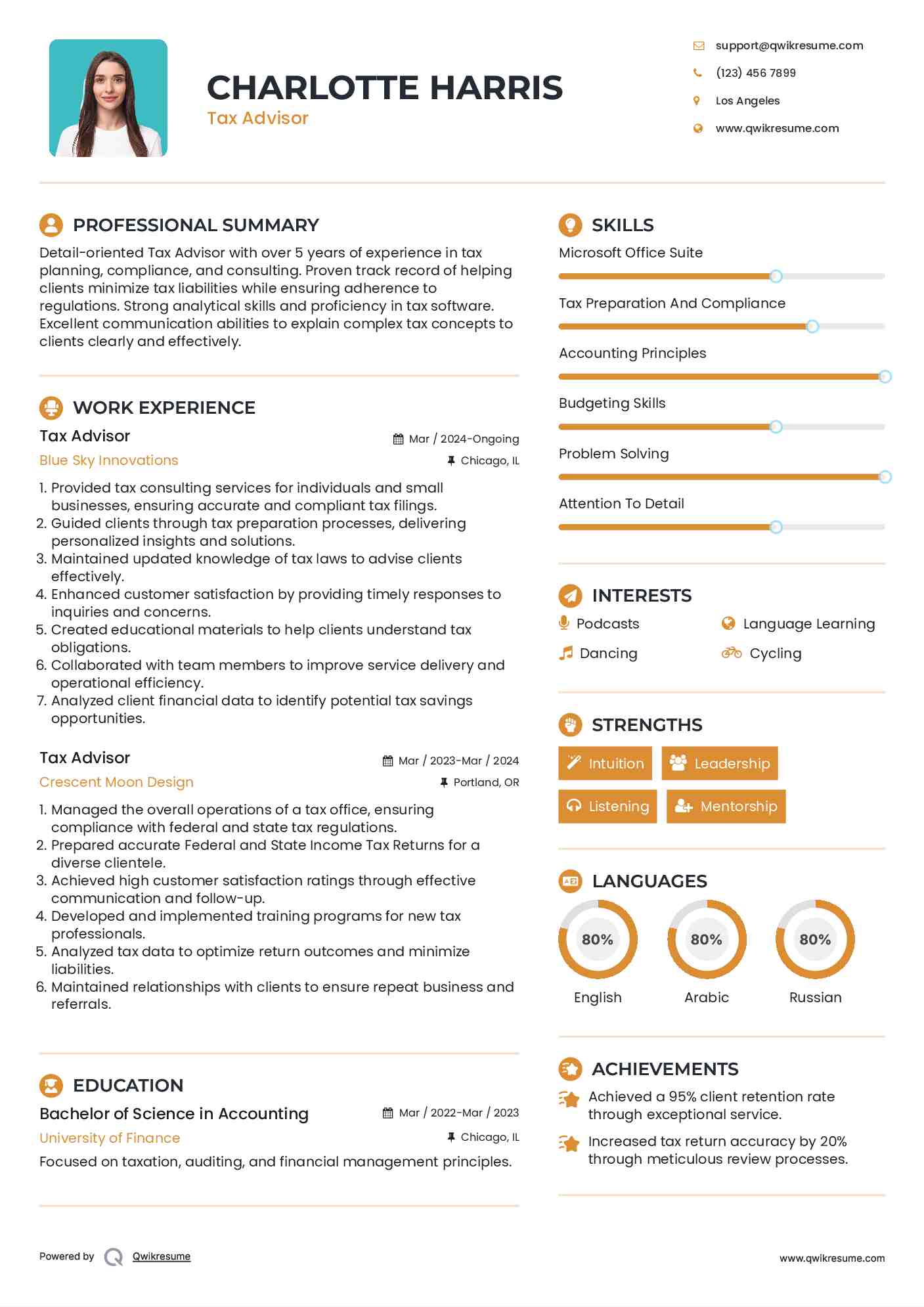 Tax Advisor Resume Samples | QwikResume