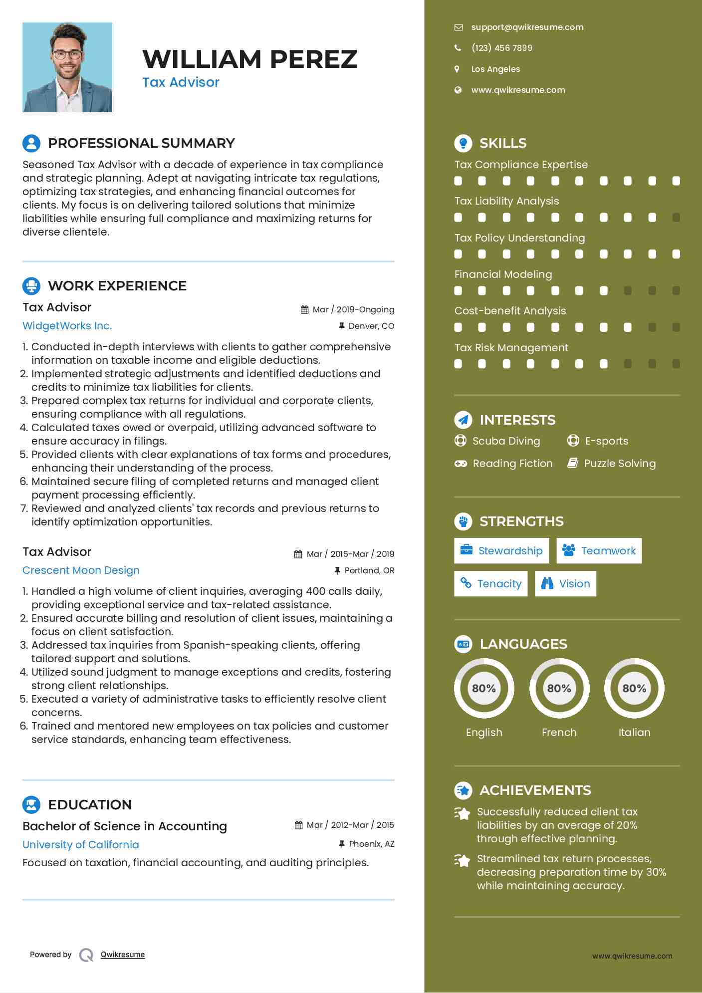 Tax Advisor Resume Samples | QwikResume