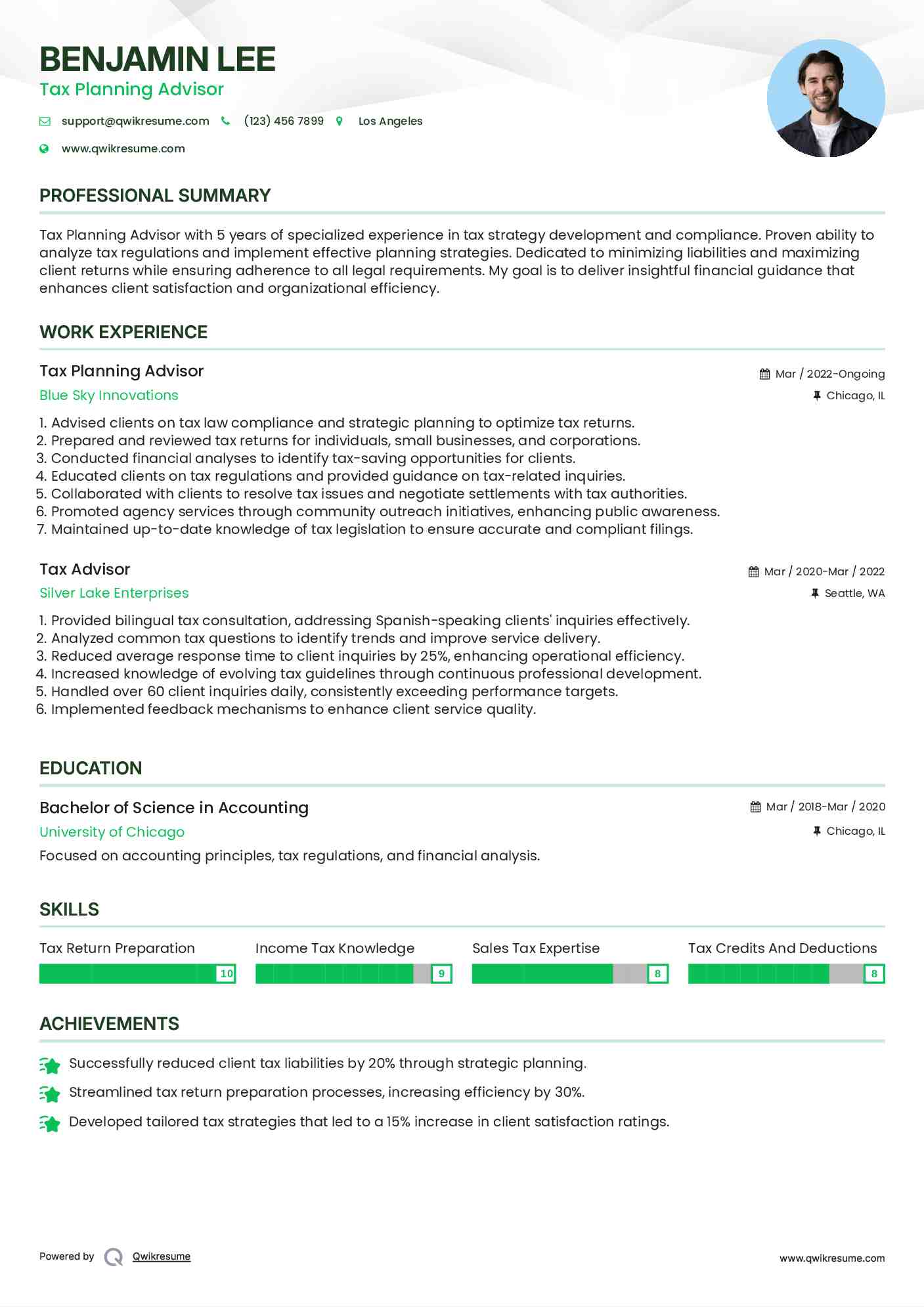 Tax Planning Advisor Resume Sample