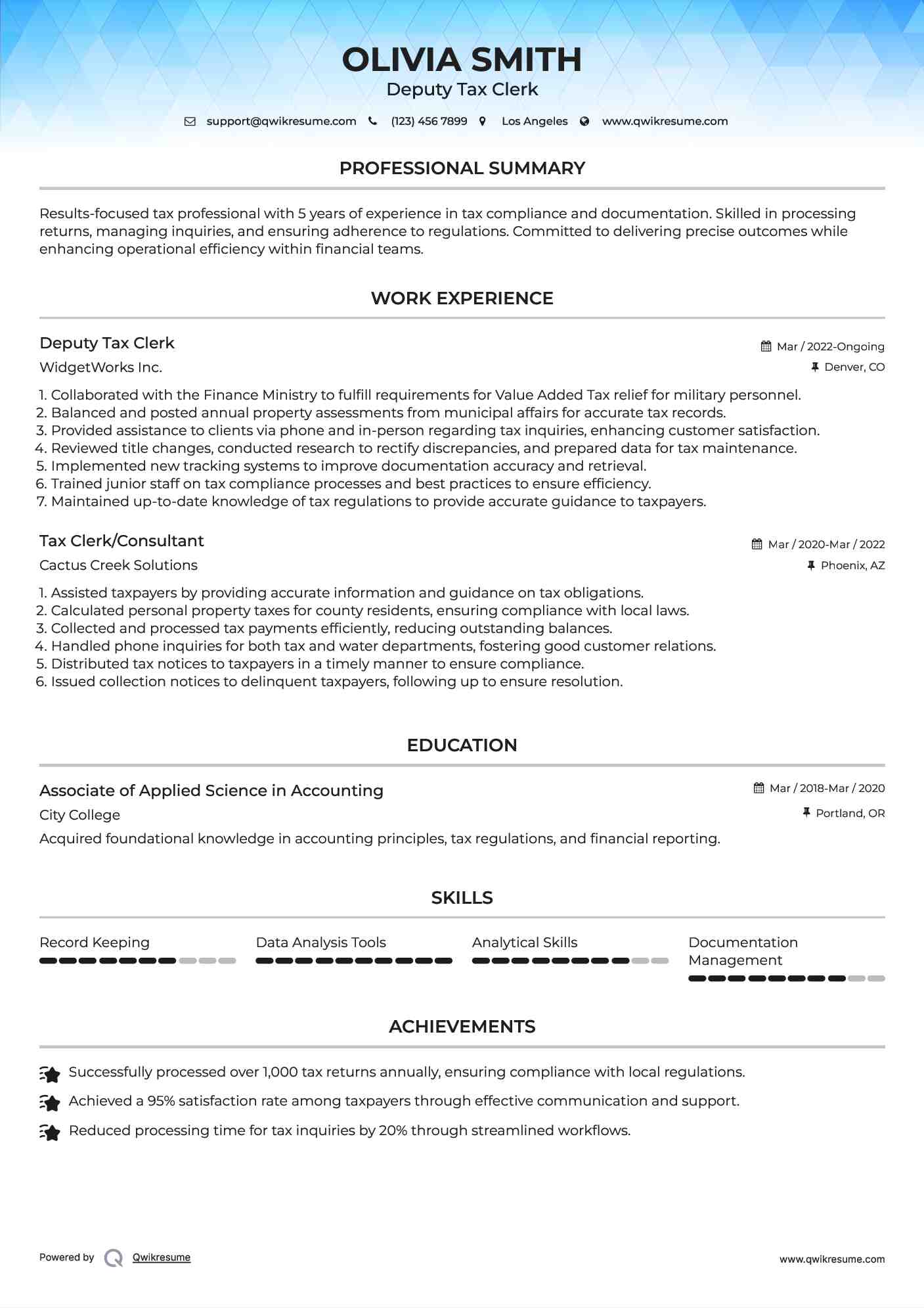 Deputy Tax Clerk  Resume Format