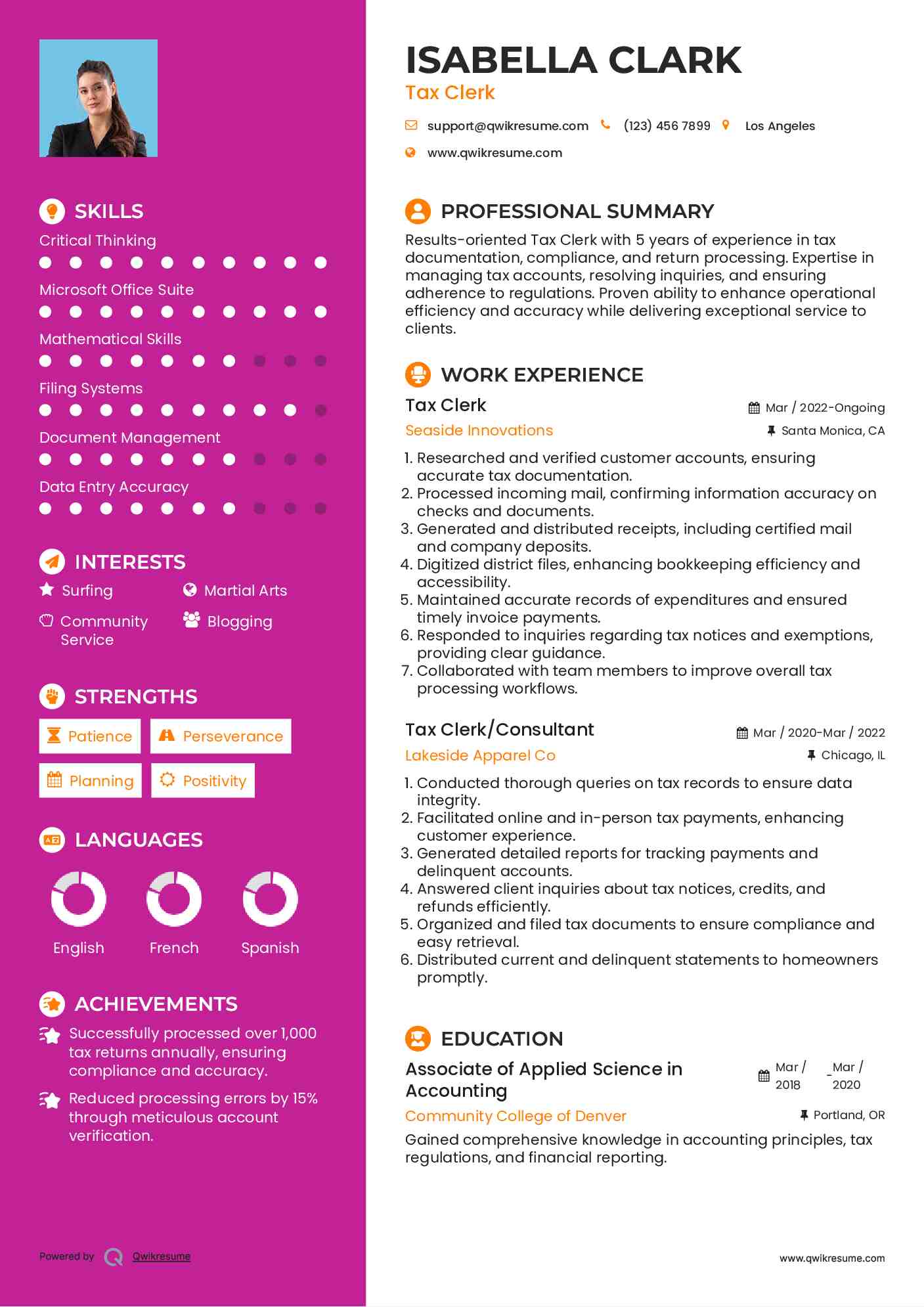 Tax Clerk Resume Sample