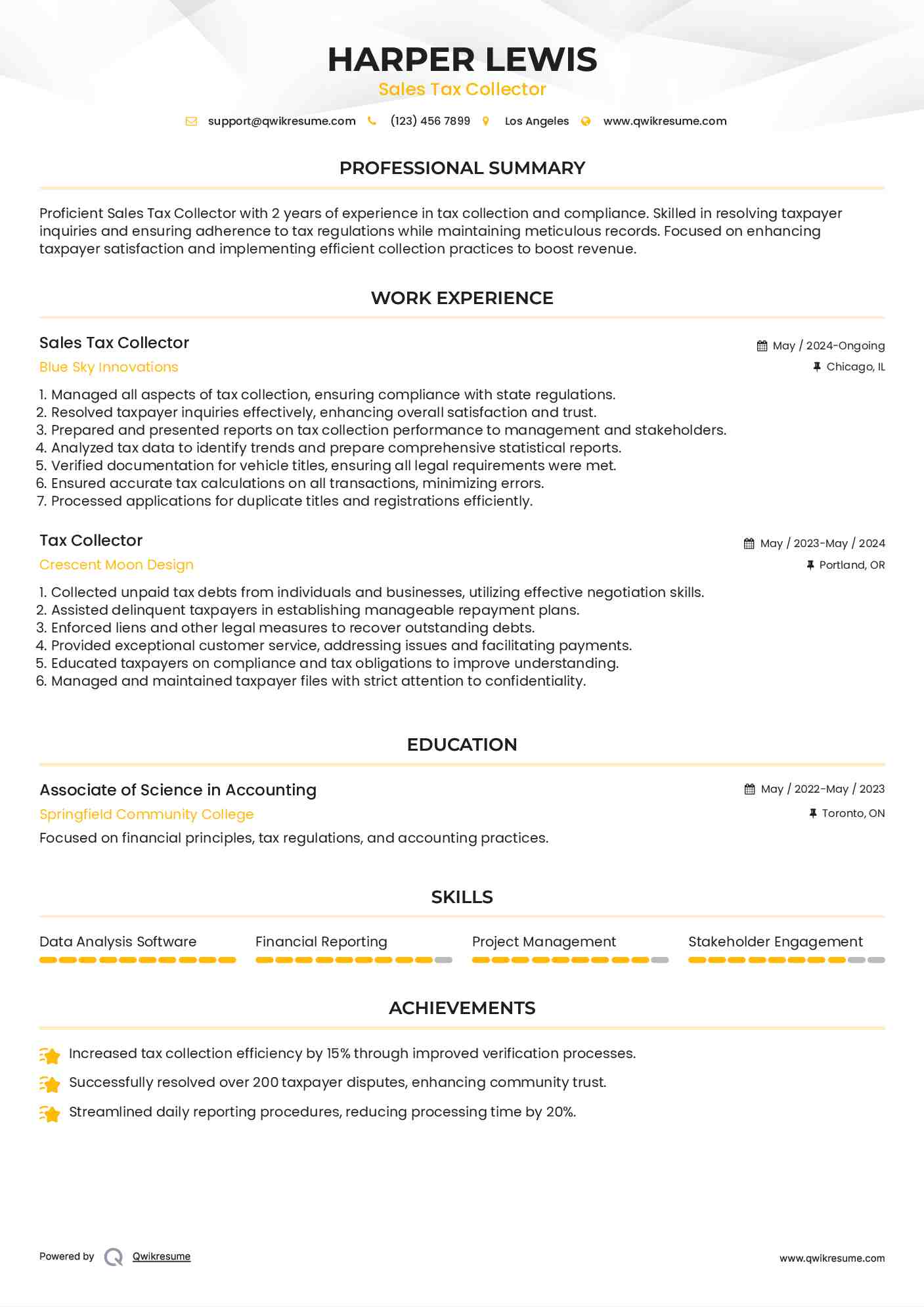 Sales Tax Collector Resume Sample