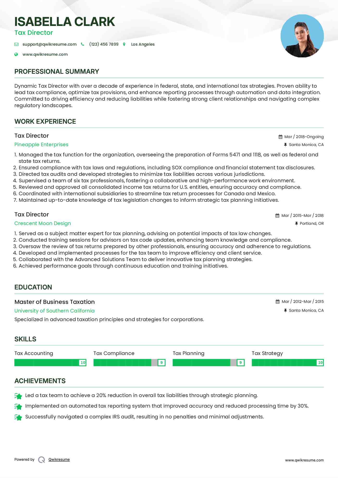 Tax Director Resume Model