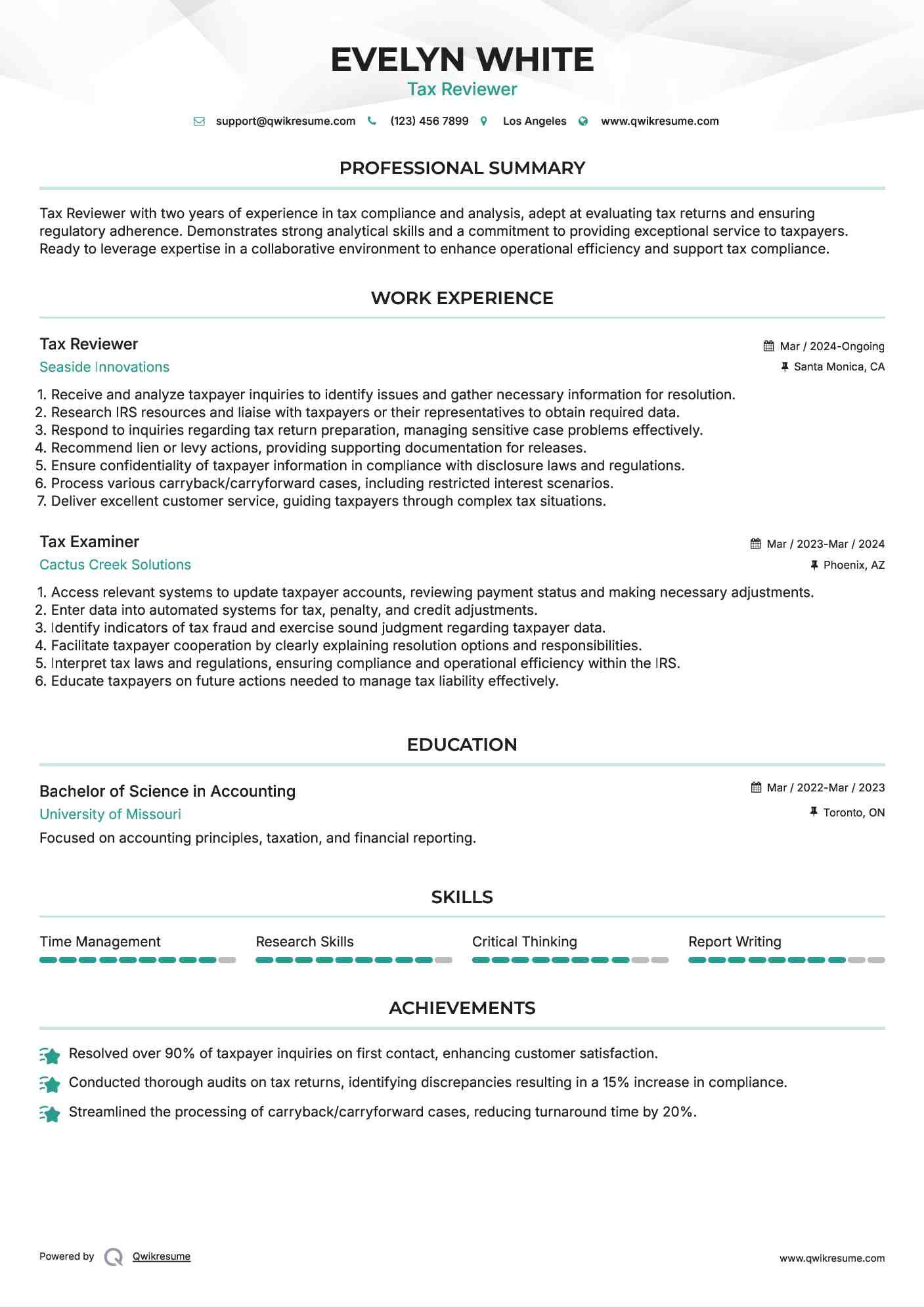 Tax Reviewer Resume Model
