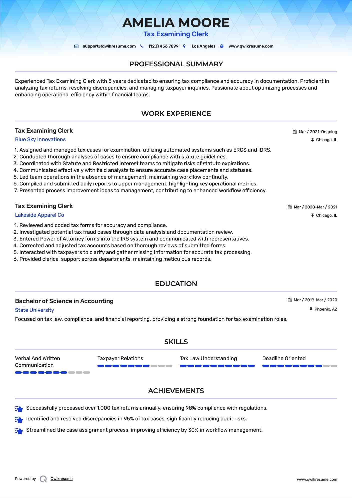 Tax Examining Clerk Resume Model