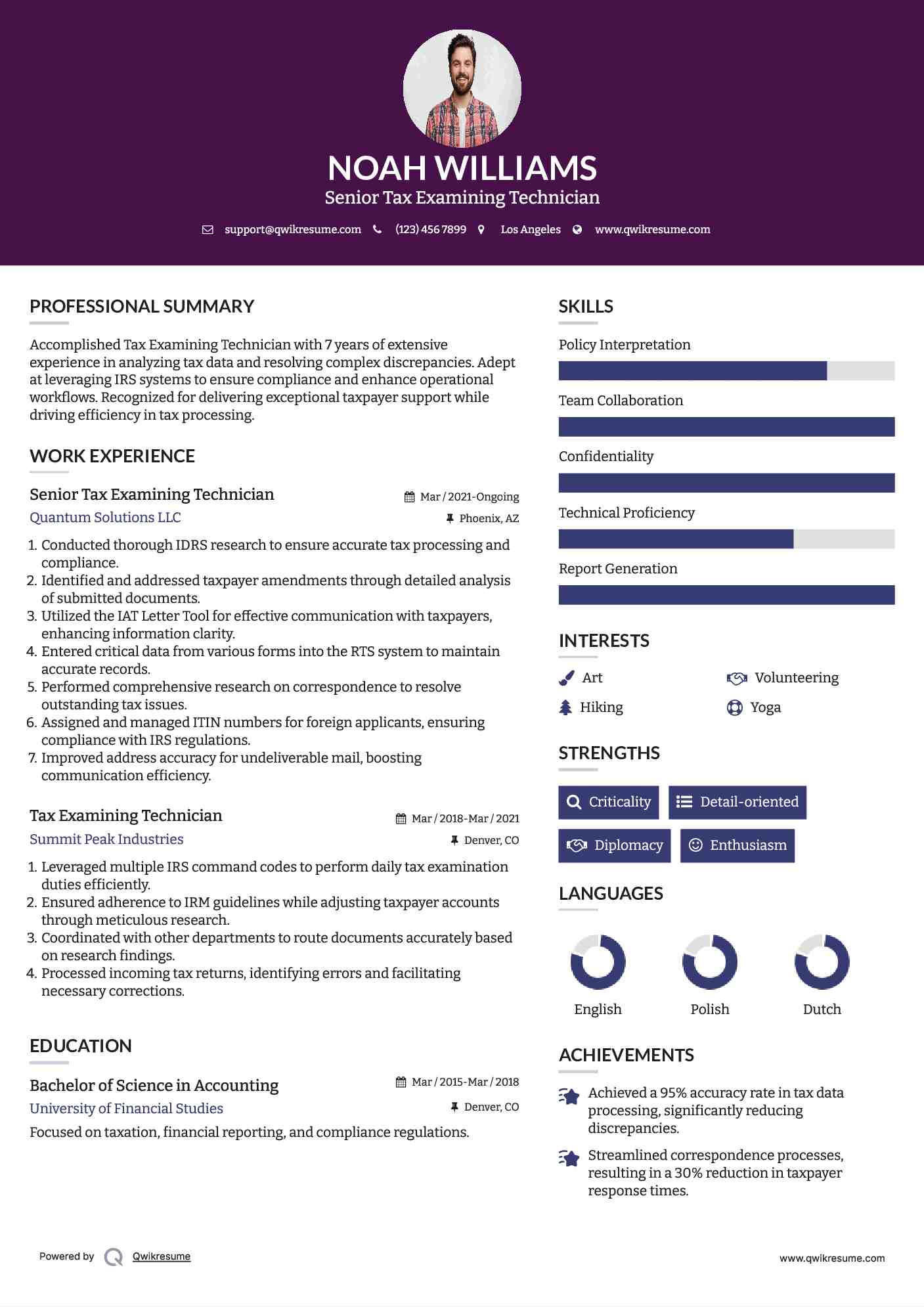 Senior Tax Examining Technician Resume Sample