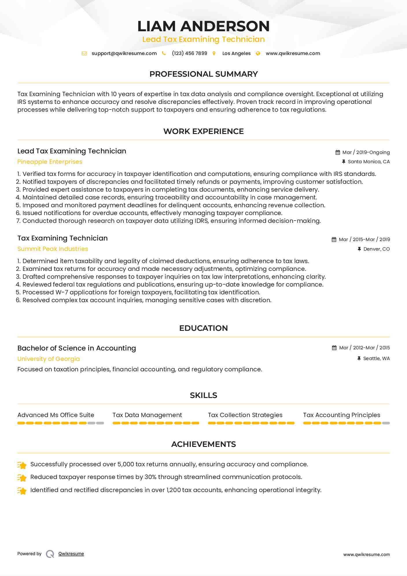 Lead Tax Examining Technician Resume Example