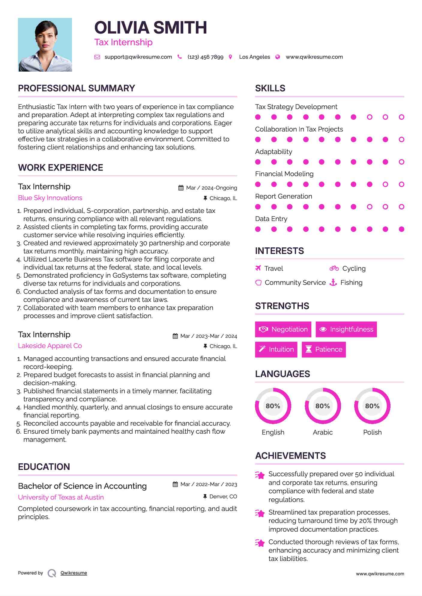 Tax Internship Resume Example