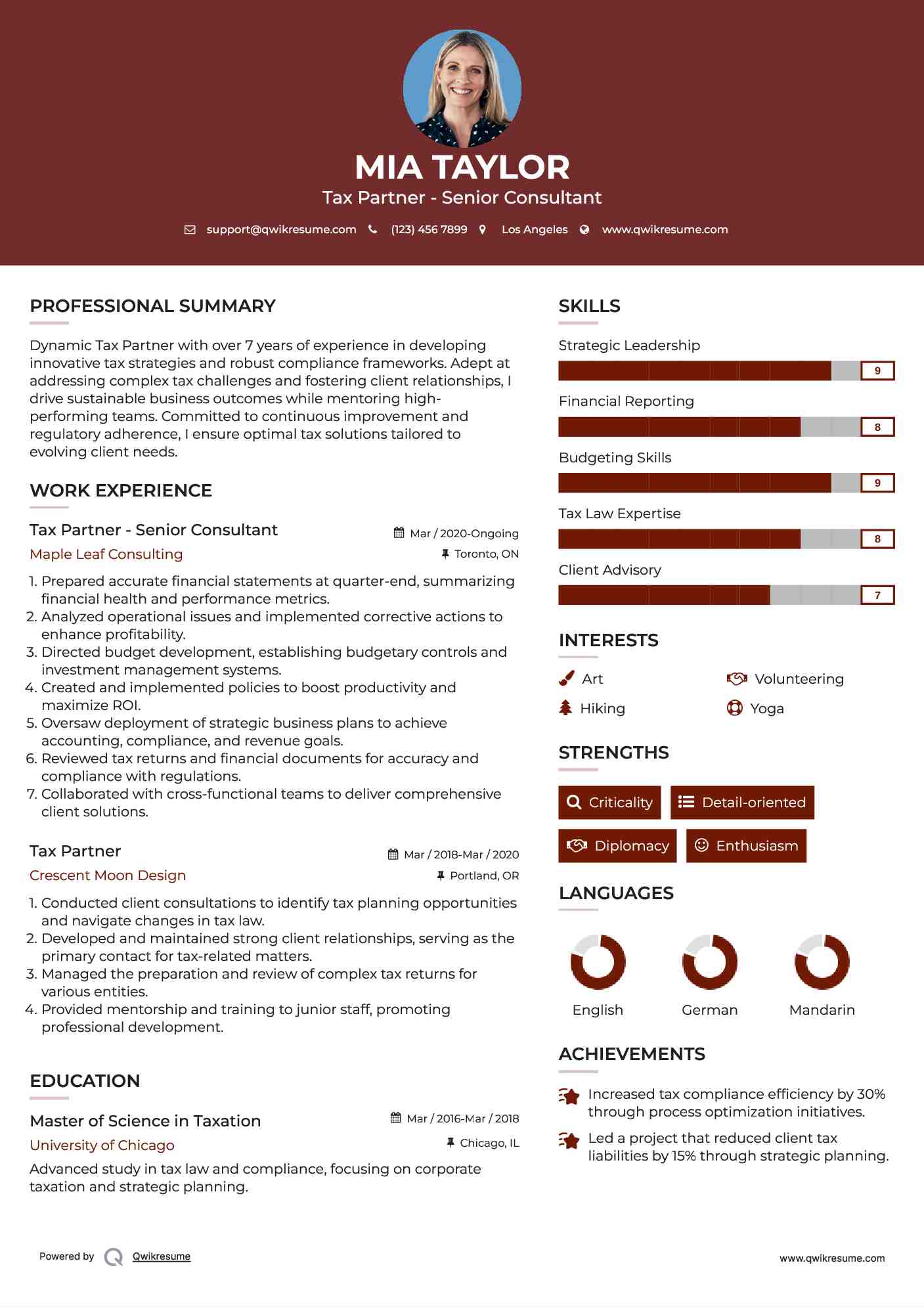 Tax Partner - Senior Consultant Resume Model
