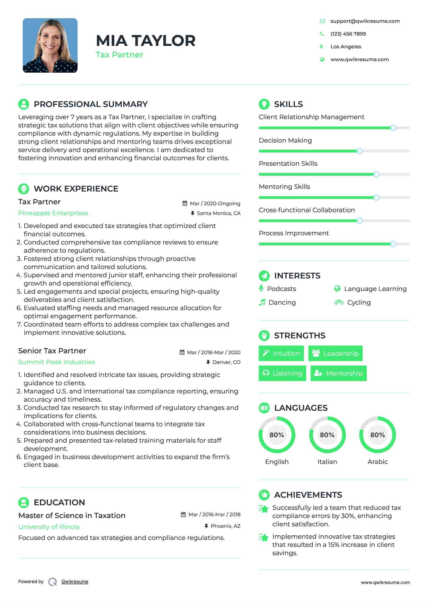 Tax Partner Resume Template