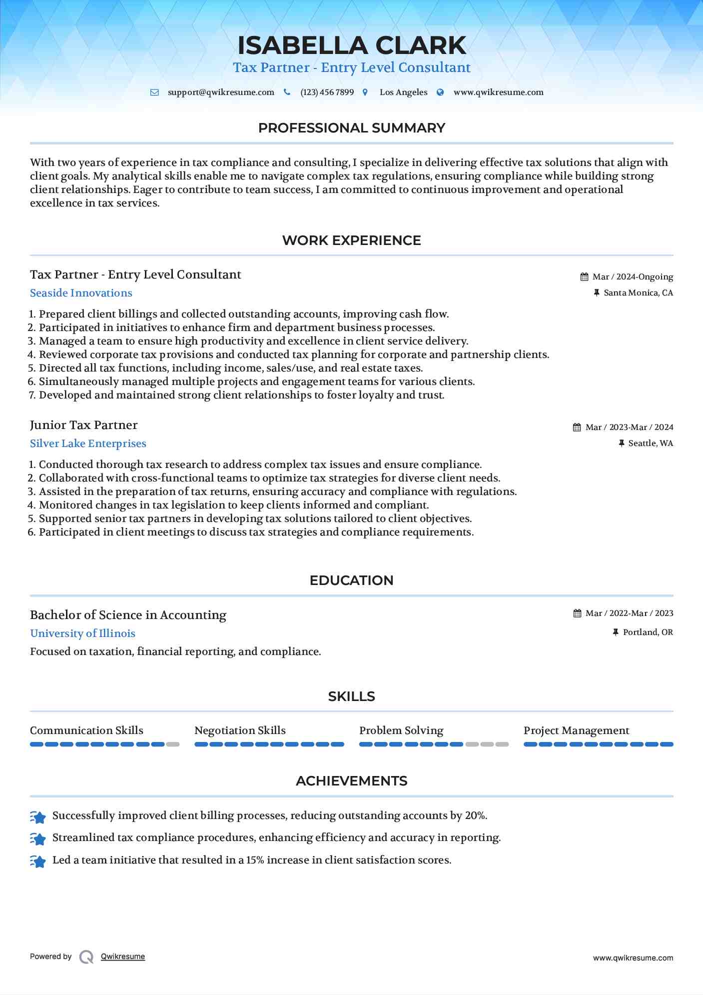 Tax Partner - Entry Level Consultant Resume Format
