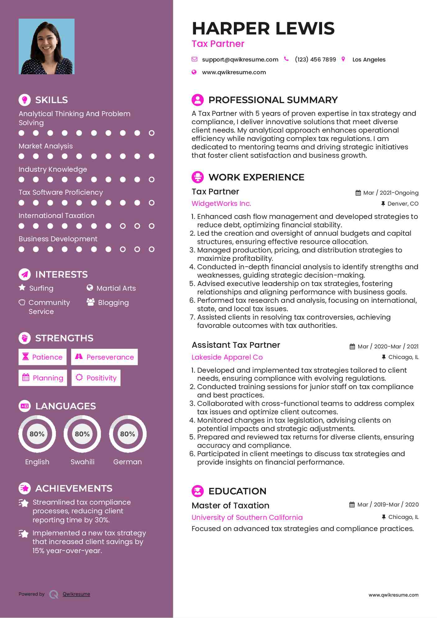 Tax Partner Resume Template