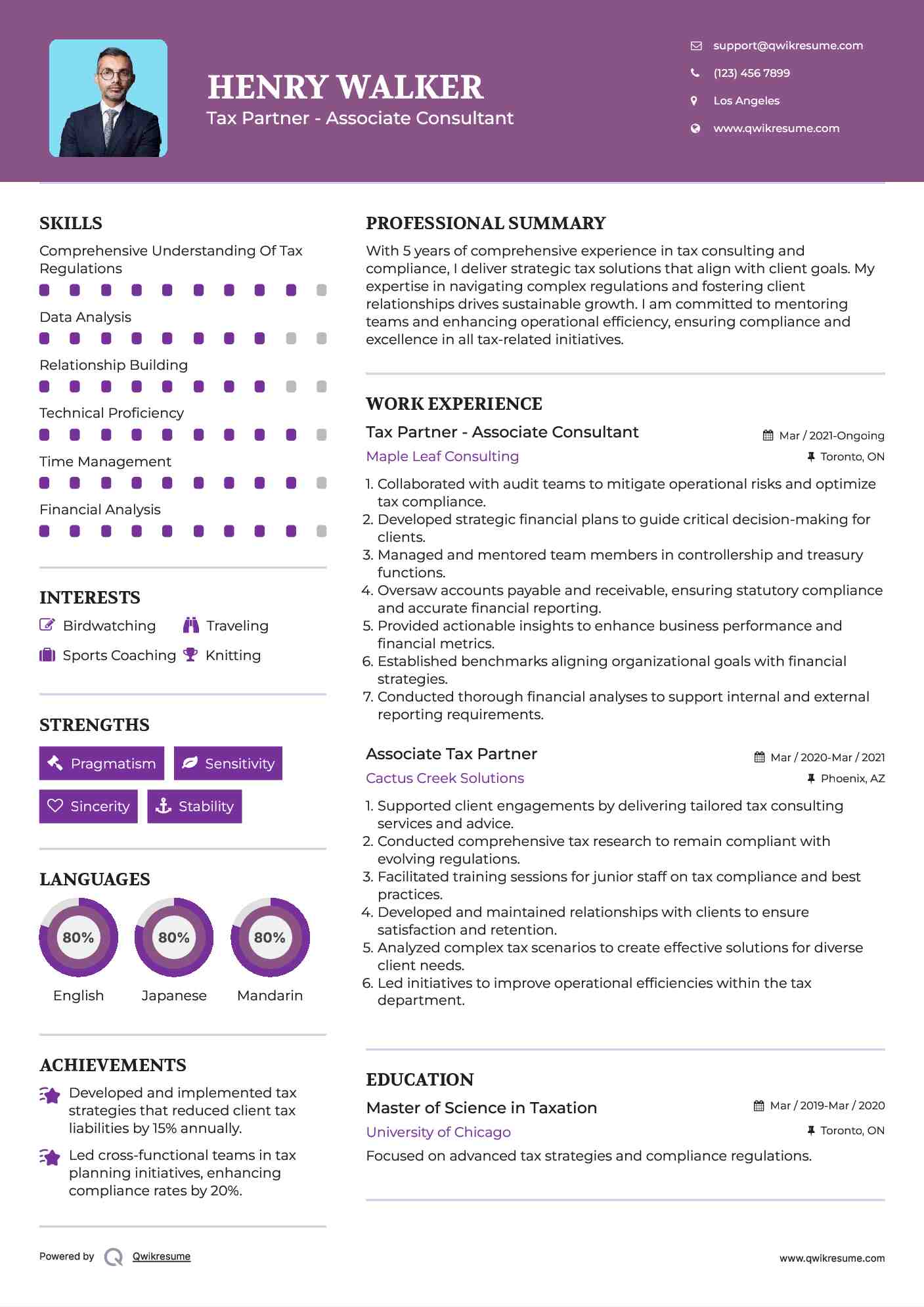 Tax Partner - Associate Consultant Resume Template