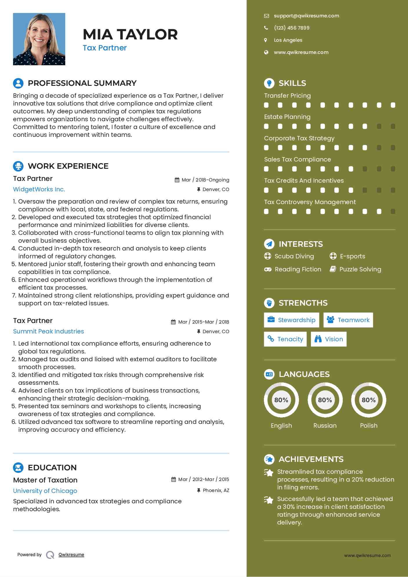 Tax Partner Resume Format