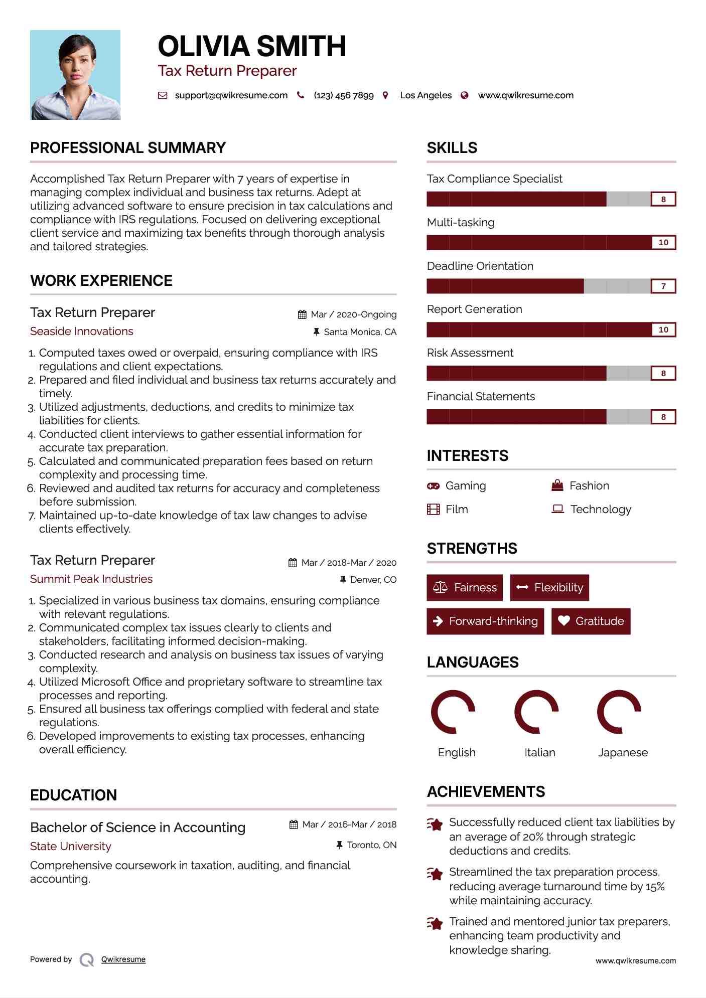 Tax Return Preparer Resume Sample