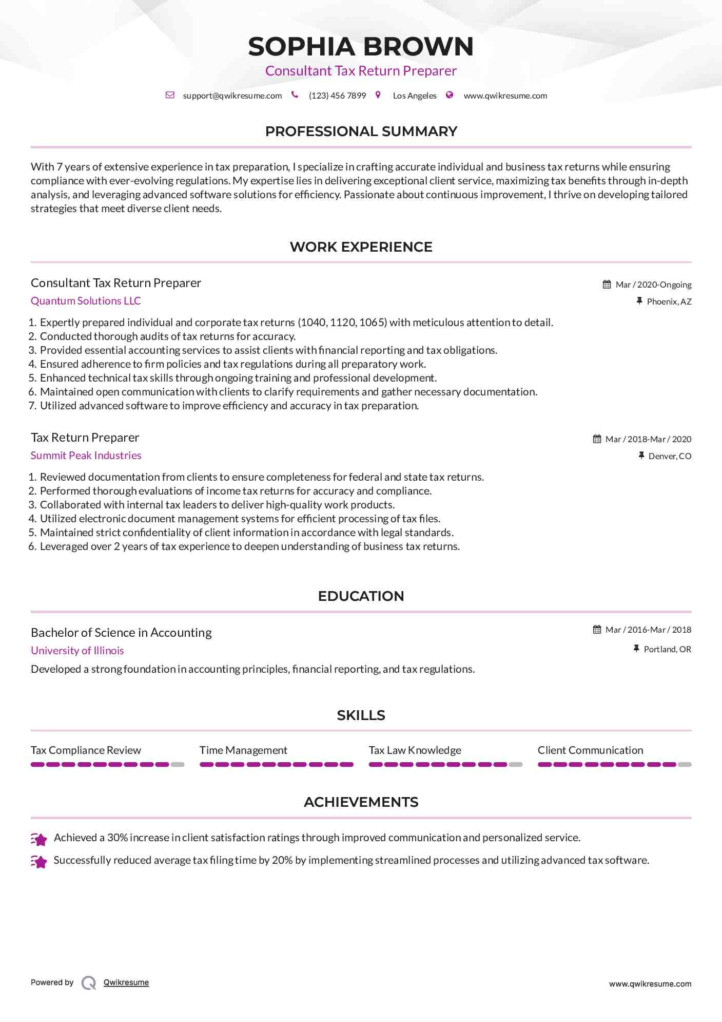 Consultant Tax Return Preparer Resume Model